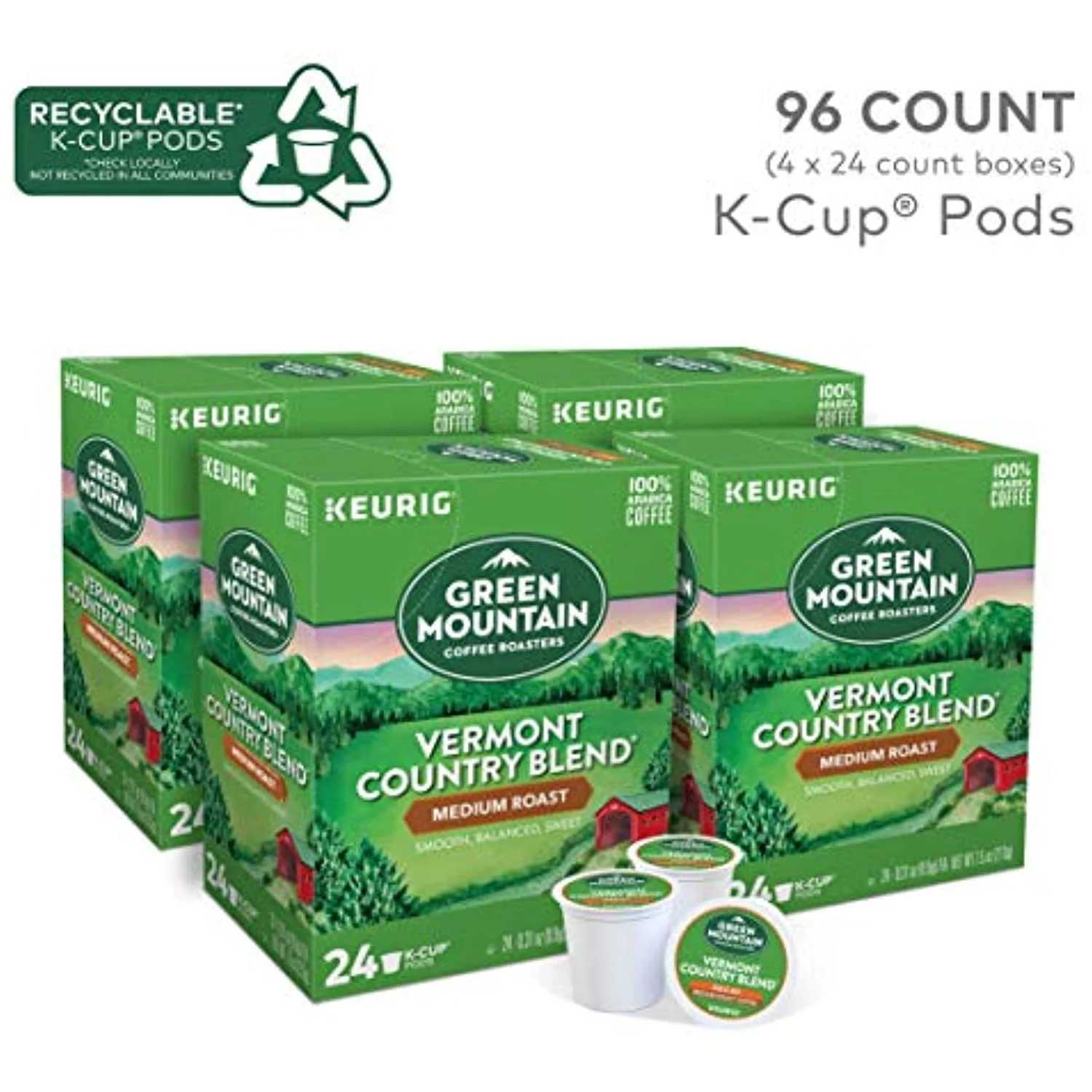 Green Mountain Coffee Roasters Vermont Country Blend, Single-Serve Keurig K-Cup Pods, Medium Roast Coffee, 96 Count