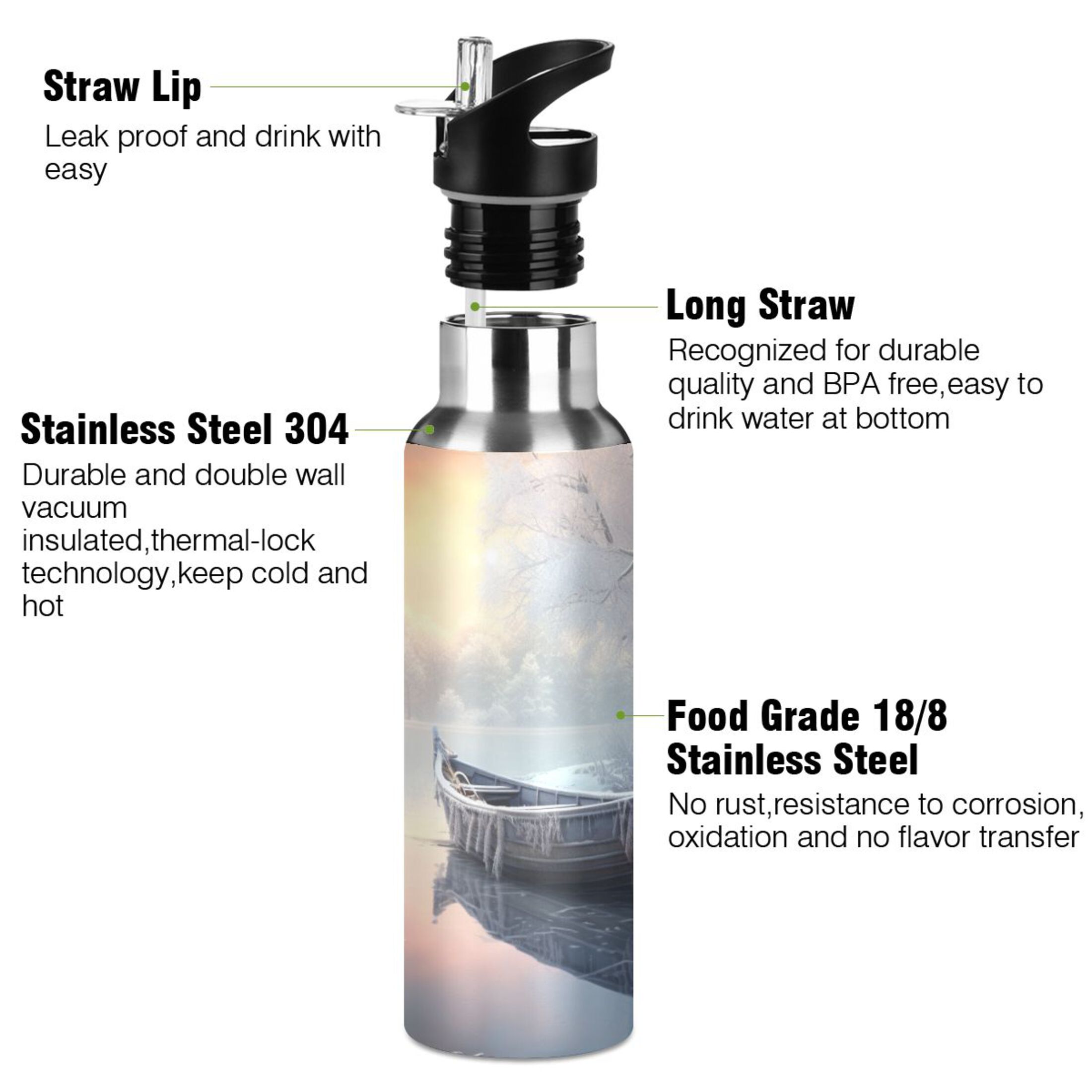 Winter Snow with Boat Water Bottles Insulated Thermos Kids Stainless Steel Bottle with Straw Lid Flask Leakproof for Sports Gym 20 oz