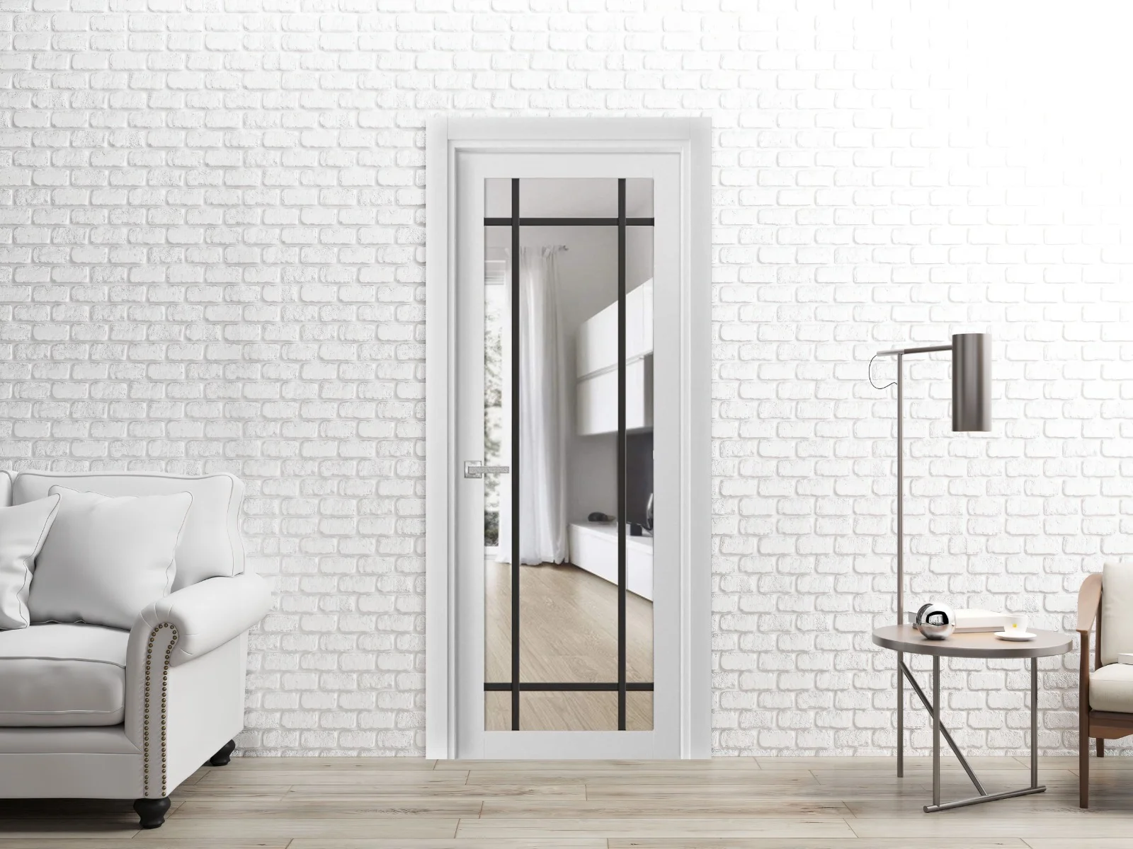 Solid French Door 30 x 80 inches | Lucia 2266 White Silk Clear Glass | Single Regular Panel Frame Trims Handle | Bathroom Bedroom Sturdy Doors