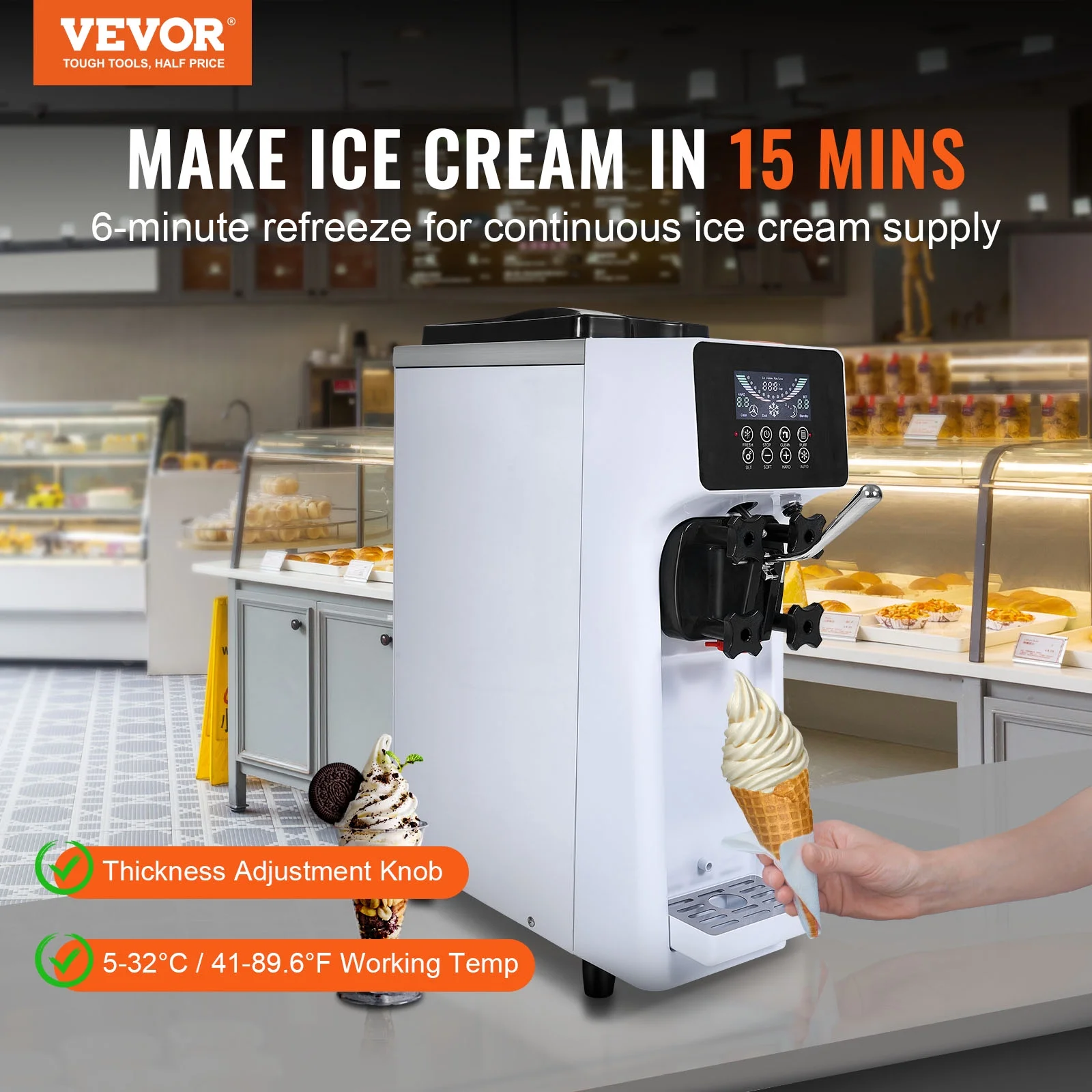 SKYSHALO 10L/H Soft Serve Ice Cream Machine Maker with Single Flavor Capability for Countertop Use