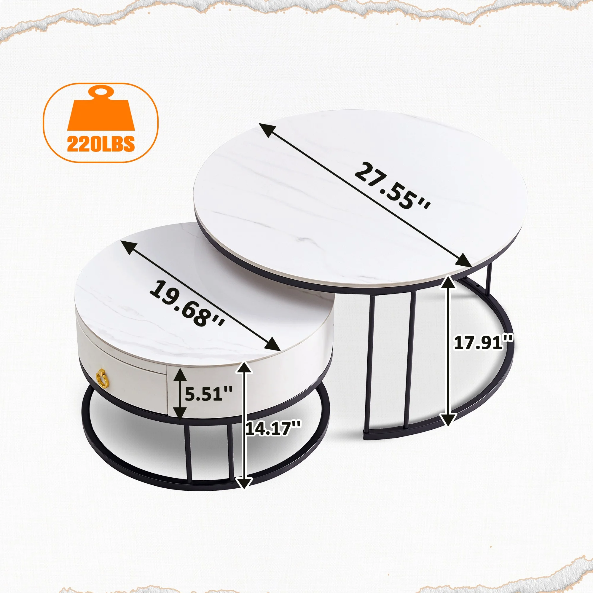 27.55” Nesting Coffee Table Set of 2 Round Coffee Table with Drawer, Sintered Stone Top Leather Wrapping Metal Frame Side Table End Tale For Living Room, Bedroom, Office, Black