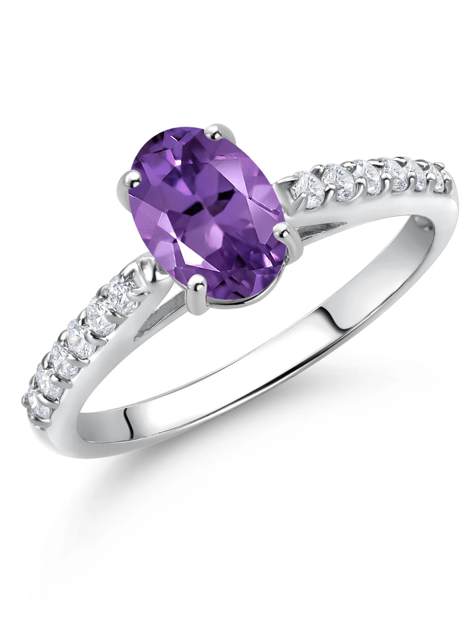 Gem Stone King 10K White Gold Purple Amethyst and White Lab Grown Diamond Engagement Ring For Women (1.33 Cttw, Oval 8X6MM, Gemstone February Birthstone, Available In Size 5, 6, 7, 8, 9)