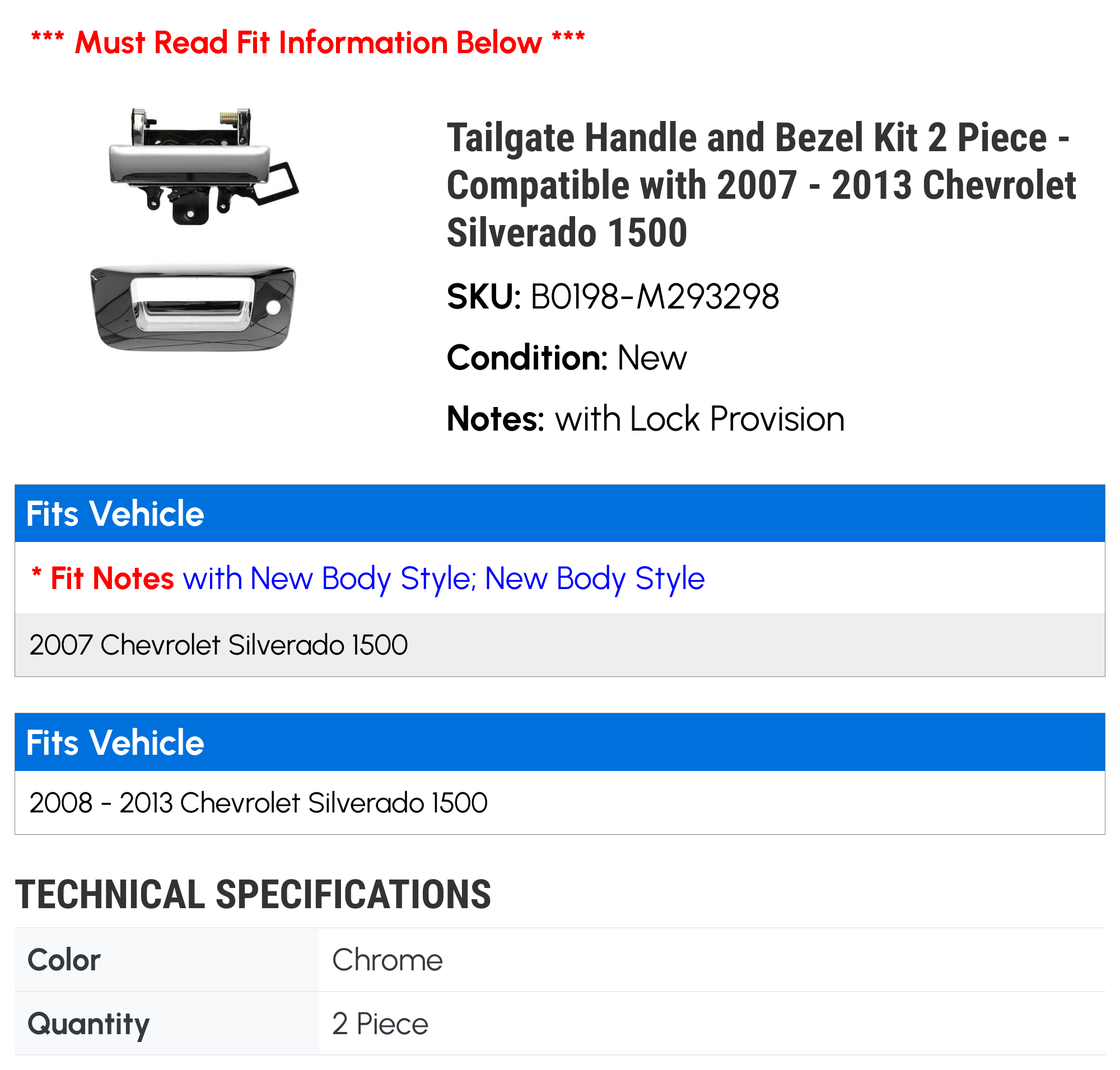 Tailgate Handle and Bezel Kit 2 Piece - Compatible with 2007 - 2013 Chevy Silverado 1500 2008 2009 2010 2011 2012