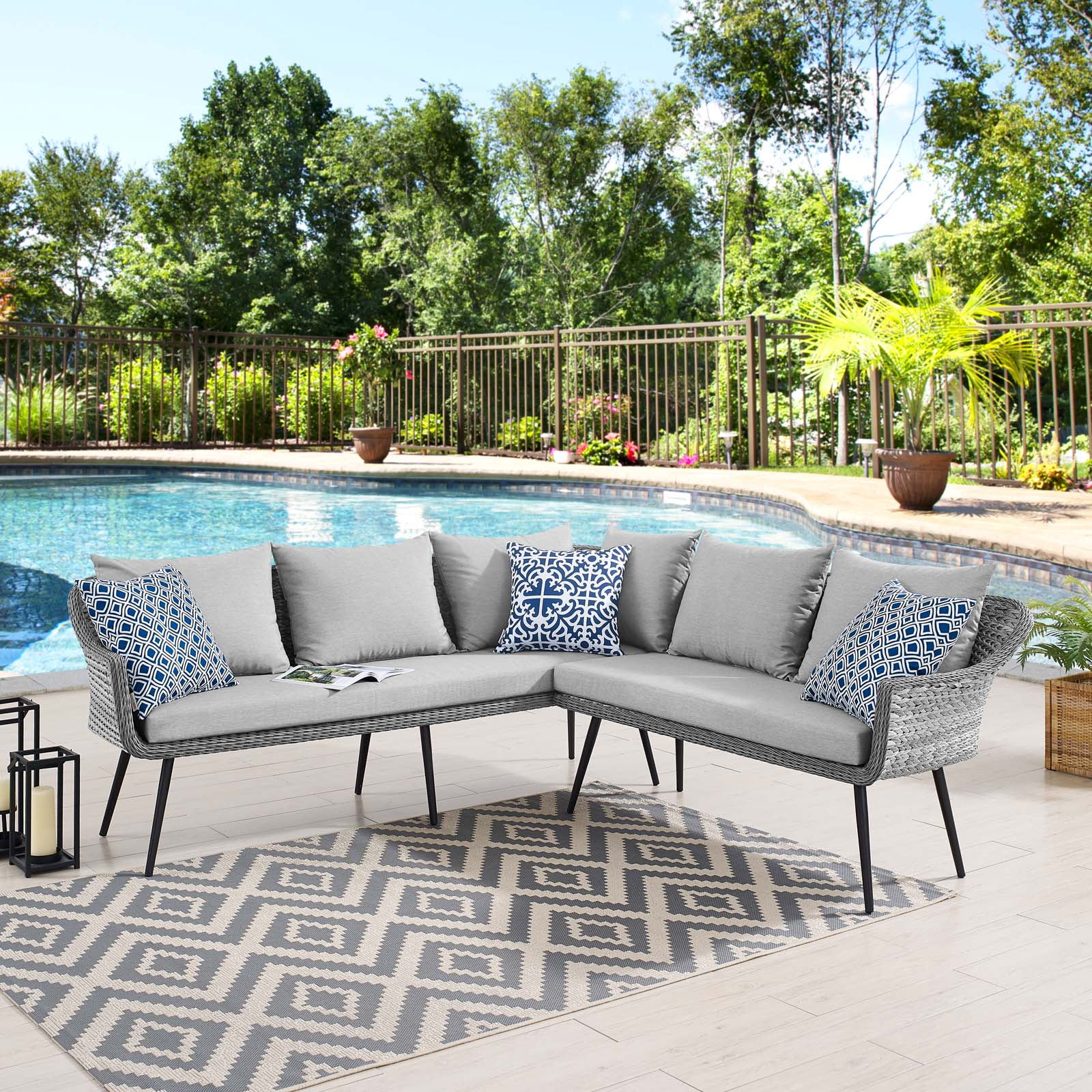 Lounge Sectional Sofa, Rattan, Wicker, Grey Gray, Modern Contemporary Urban Design, Outdoor Patio Balcony Cafe Bistro Garden Furniture Hotel Hospitality