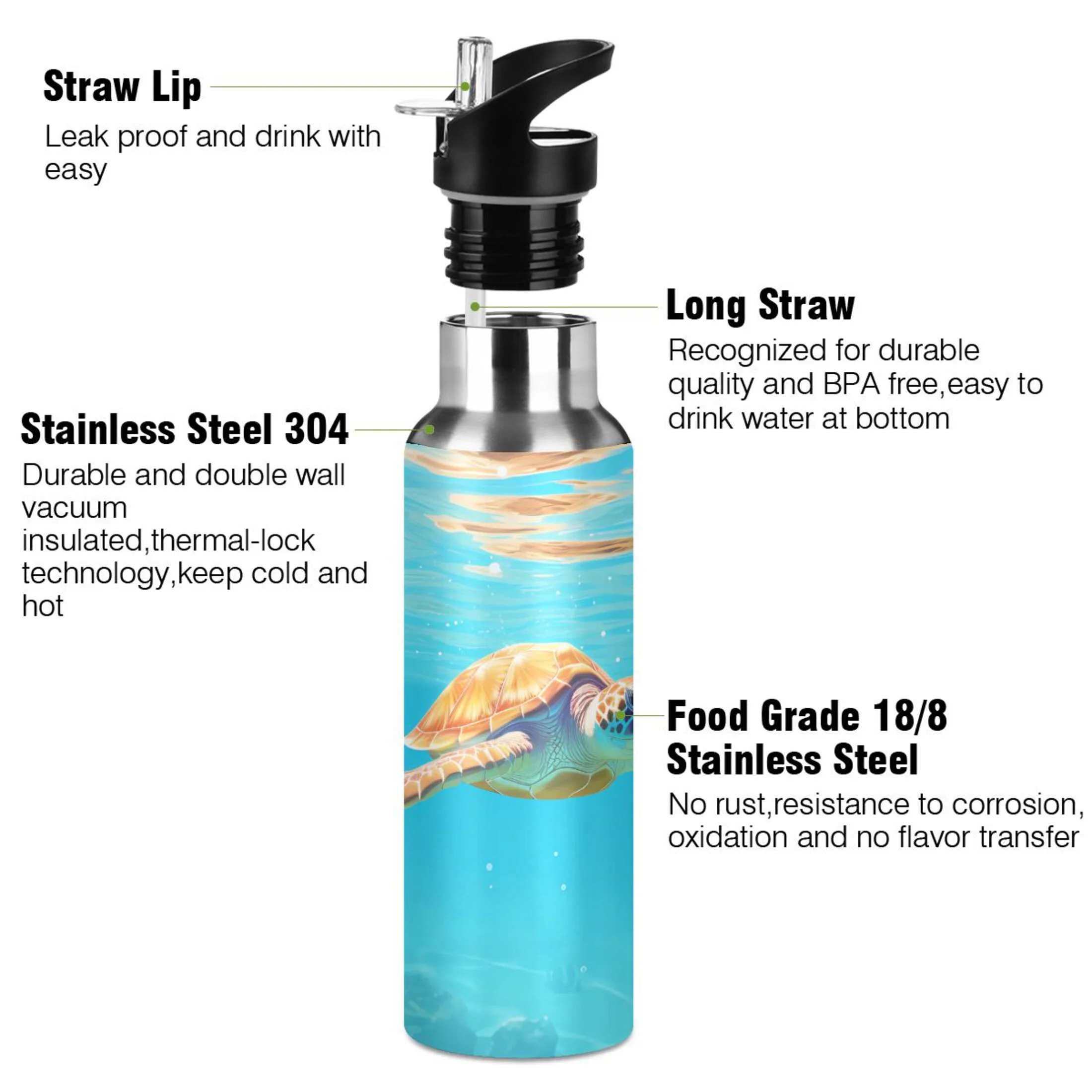 Sea Turtle in Sea View Water Bottles Insulated Thermos Kids Stainless Steel Bottle with Straw Lid Flask Leakproof for Sports Gym 20 oz