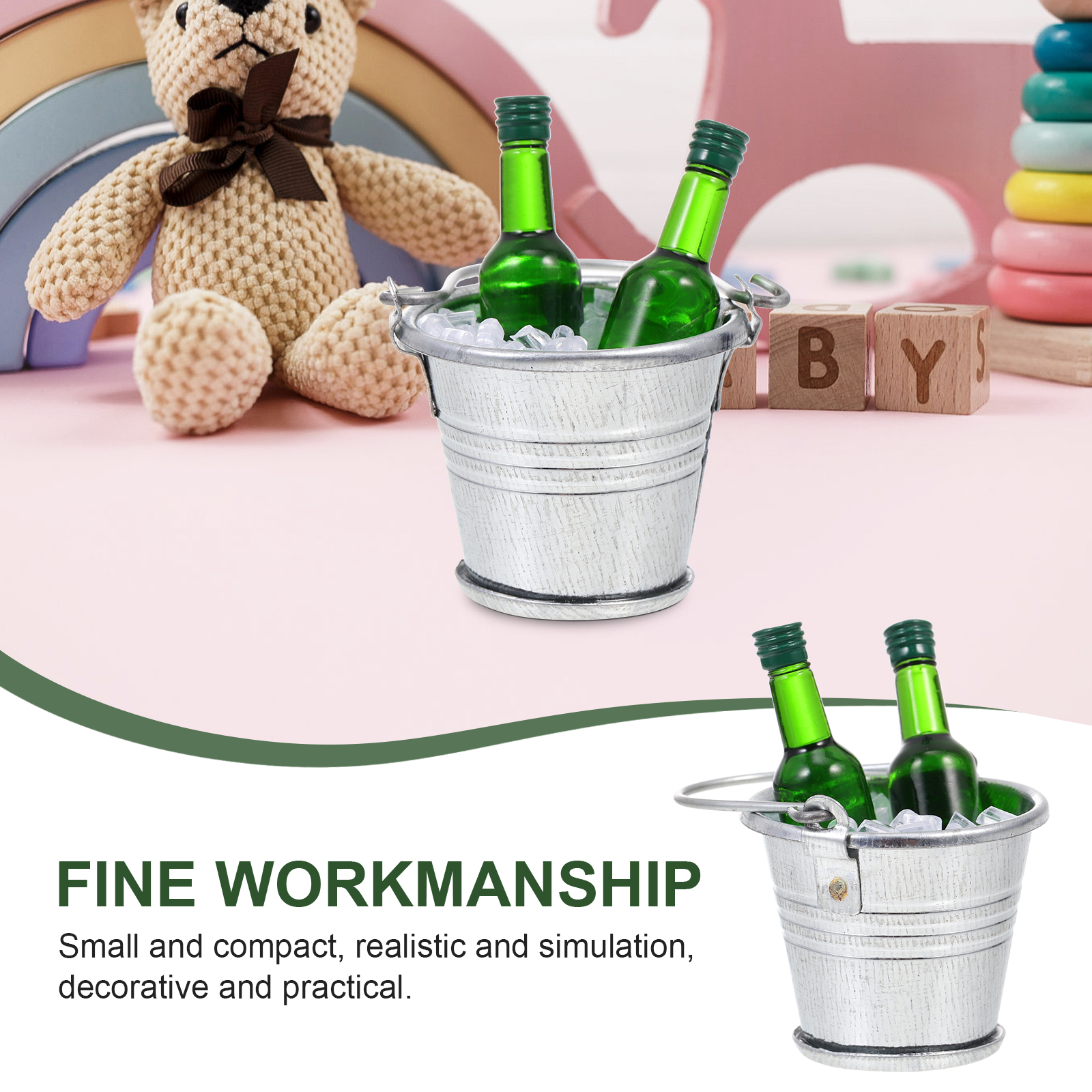 Mini Accessories for Dolls House Beer Miniature Glass Wine Bottles Small Galvanized Buckets Dollhouse Bar Supplies