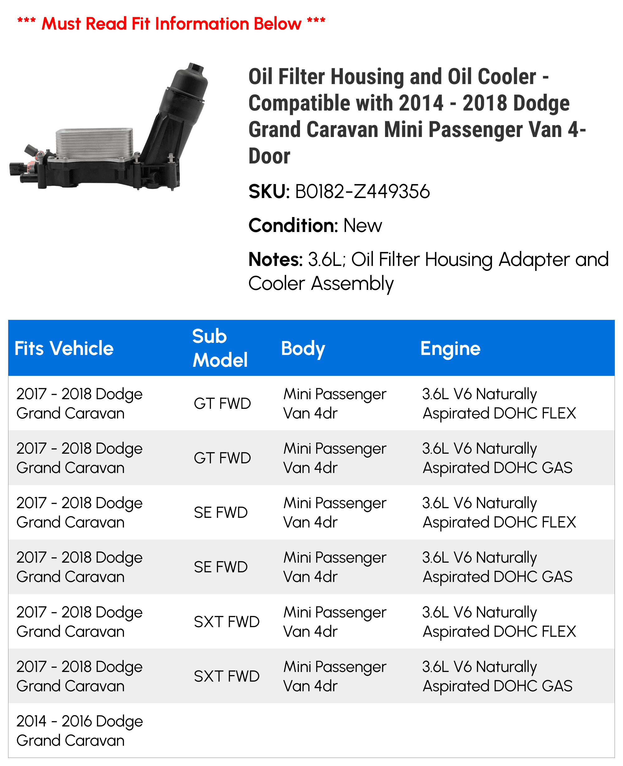 Filter Housing and Cooler - Compatible with 2014 - 2018 Dodge Grand Caravan Mini Passenger Van 4-Door 2015 2016 2017