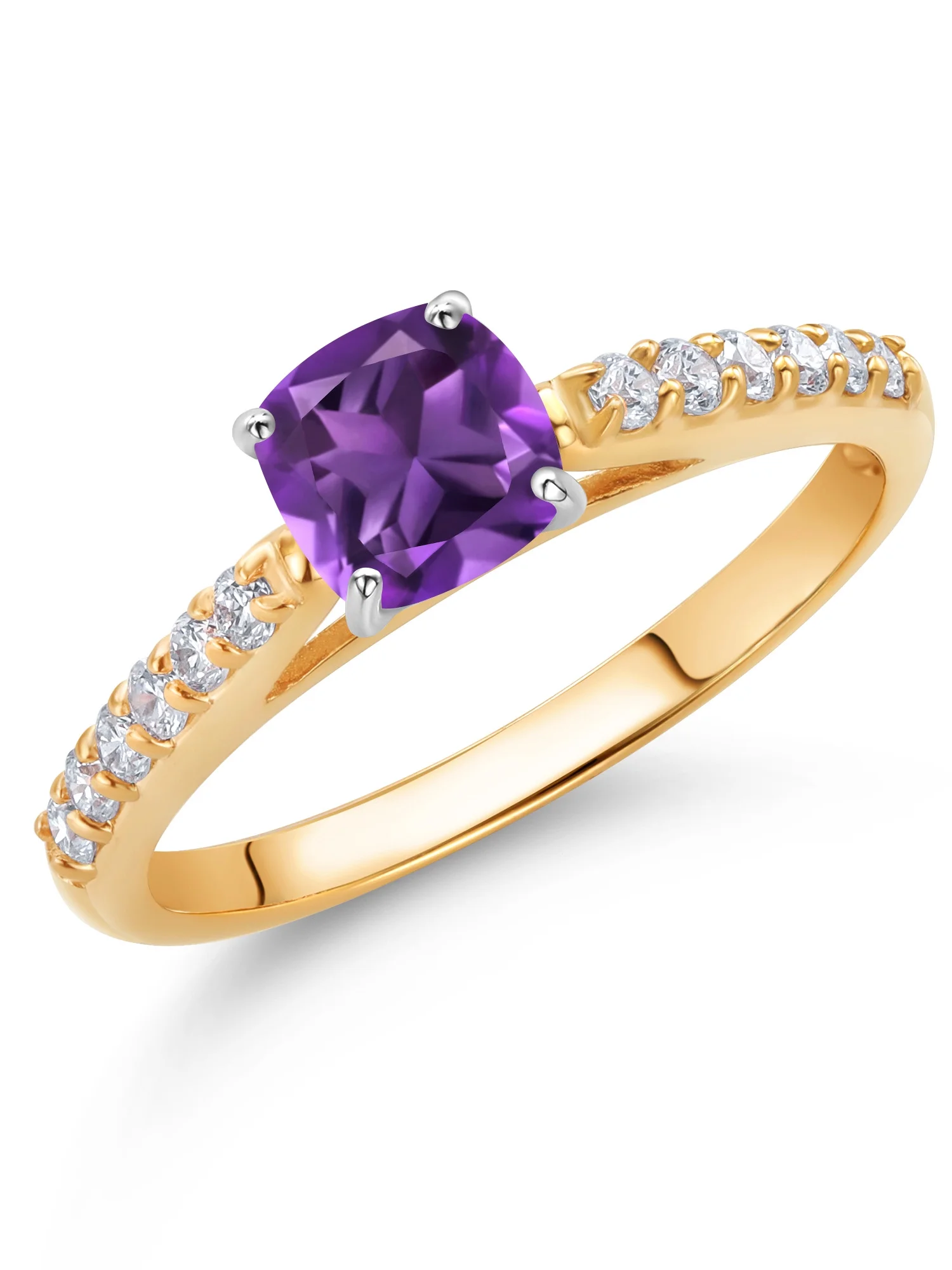Gem Stone King 10K White Gold 5MM Cushion Cut Purple Amethyst and White Lab Grown Diamond Engagement Ring For Women (0.72 Cttw, Gemstone February Birthstone, Available In Size 5, 6, 7, 8, 9)