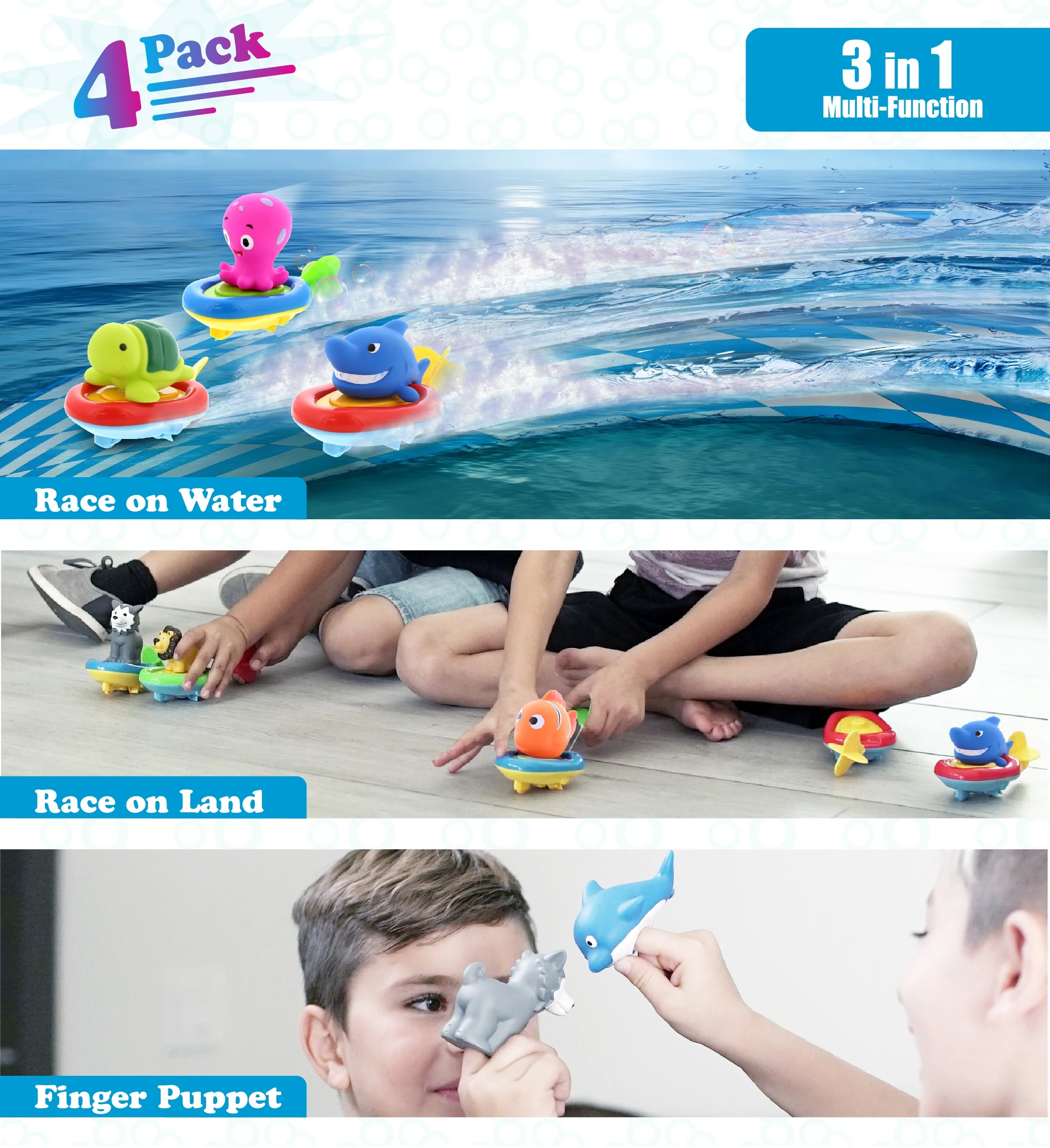 DolliBu Sea Life Boat Racers Bundle Set of 4 - 3-in-1 Bath Toy Pull & Go Floating Water & Floor Racing Finger Puppet for Pool, Bathtub & Outdoor - Shark, Octopus, Sea Turtle, Orange Reef Fish - 4 Pack
