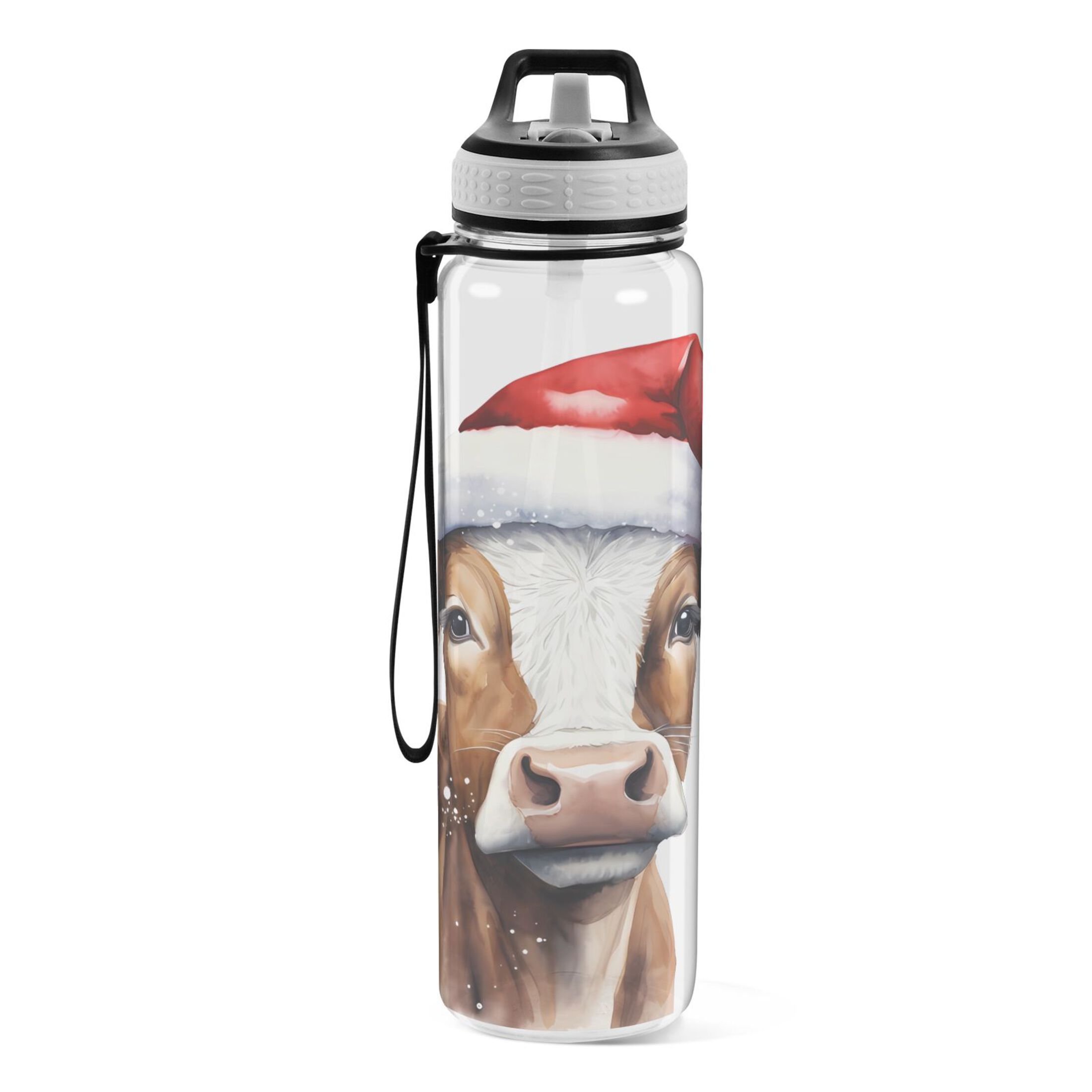 Cow with Christmas Hat 32oz Water Bottles with Straw Tritan Leakproof Sports Bottle BPA Free Clear for Fitness Gym Swimming Cycling