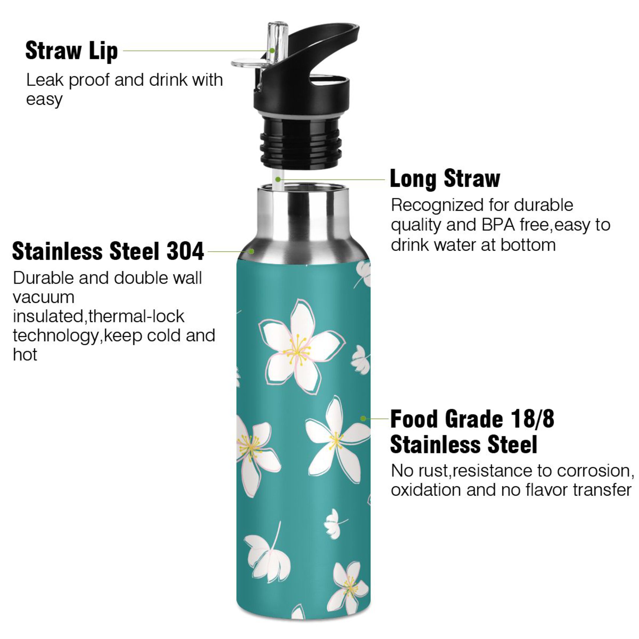 Water Bottle with Straw Lid Leak Jasmine Floral on Teal Stainless Steel Insulated Thermos Vacuum Flask for Cold Hot Drinking for Sports Camping Gym Yoga