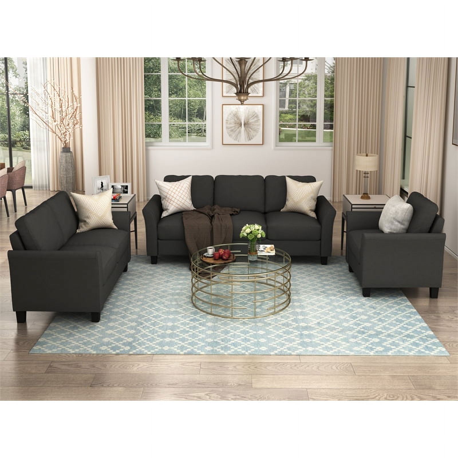 CRO Decor 3 Piece Polyester-blend Sofa Set Upholstered for Living Room (Black)