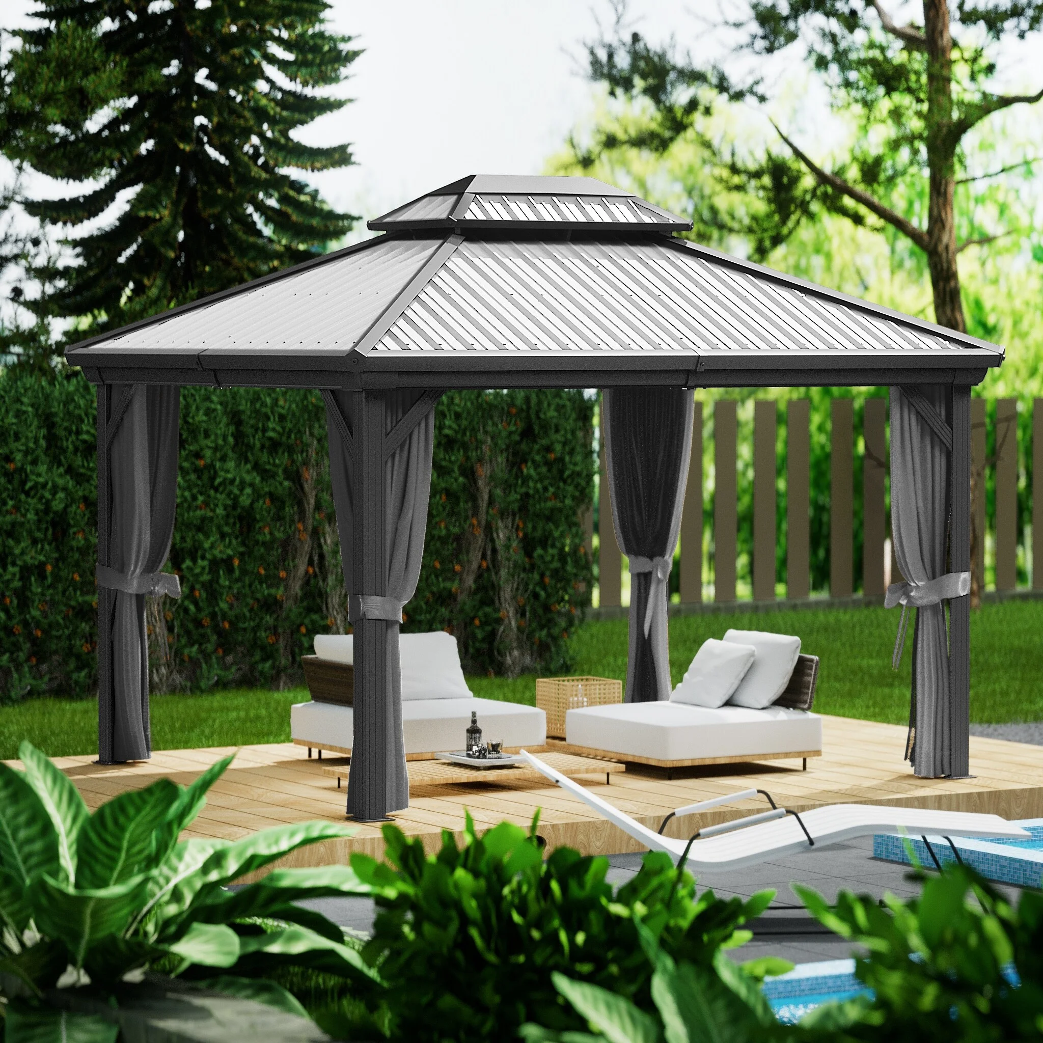 KOZYARD  Caesar Hardtop Gazebo with Steel Roof, Netting and Curtain 10' x 12' - Grey