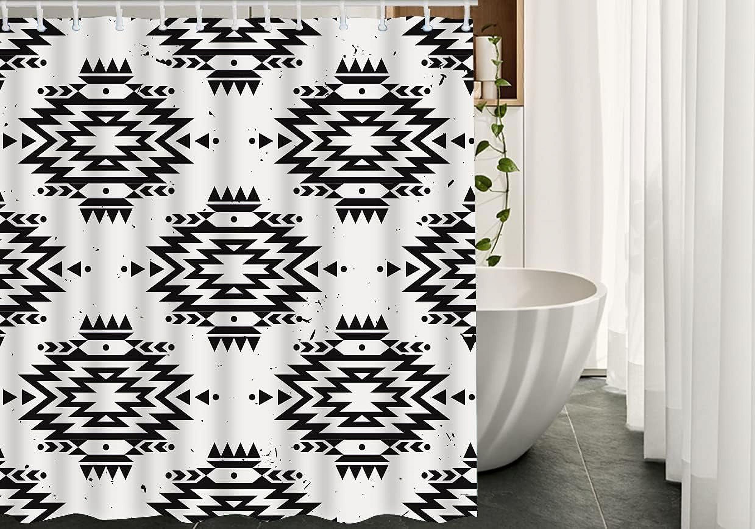 JOOCAR Ikat Monochrome Shower Curtain Ethnic Grunge Motifs Aztec Tribal Bathroom Curtains, Machine Washable, Water-Repellent Black 72x72Inch
