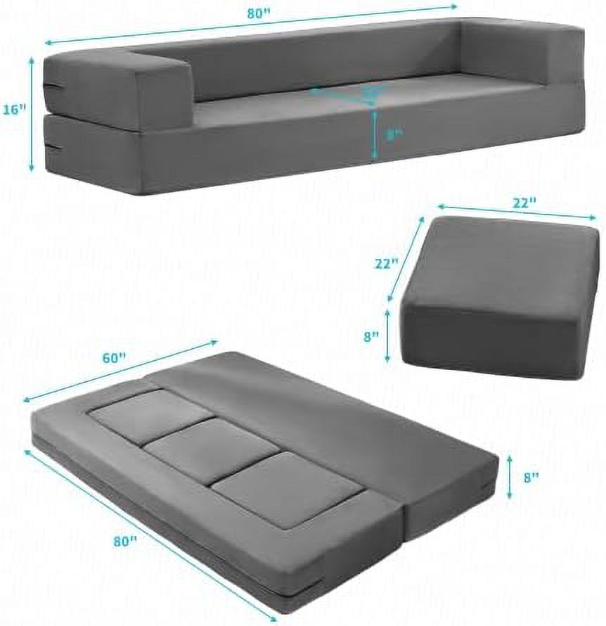 LLBIULife Convertible Floor Sofa Bed with 3 Ottomans  Memory Foam Pull Out Couch  Velvet Fold Out Sleeper Sofa Couch  Foldable Mattress Floor Sofa for Living Room/Bedroom/Office  Light Gr