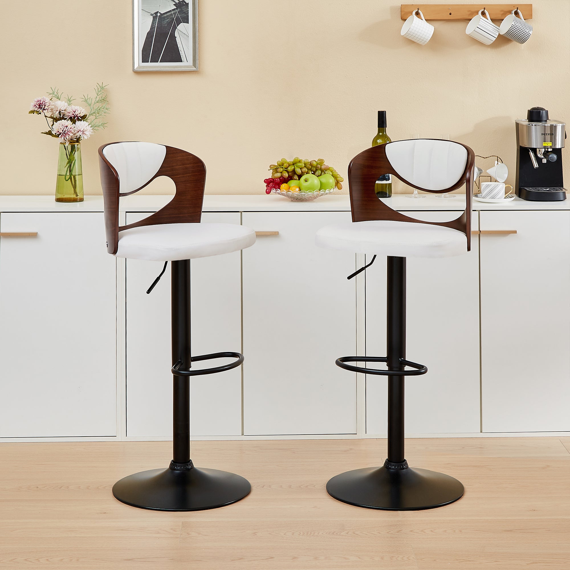 VECELO Bar Stools Set of 2, Mid-Century Modern Counter Height Barstools for Kitchen Island, Adjustable Swivel Bar Stools Chair with Walnut Bentwood Back, White