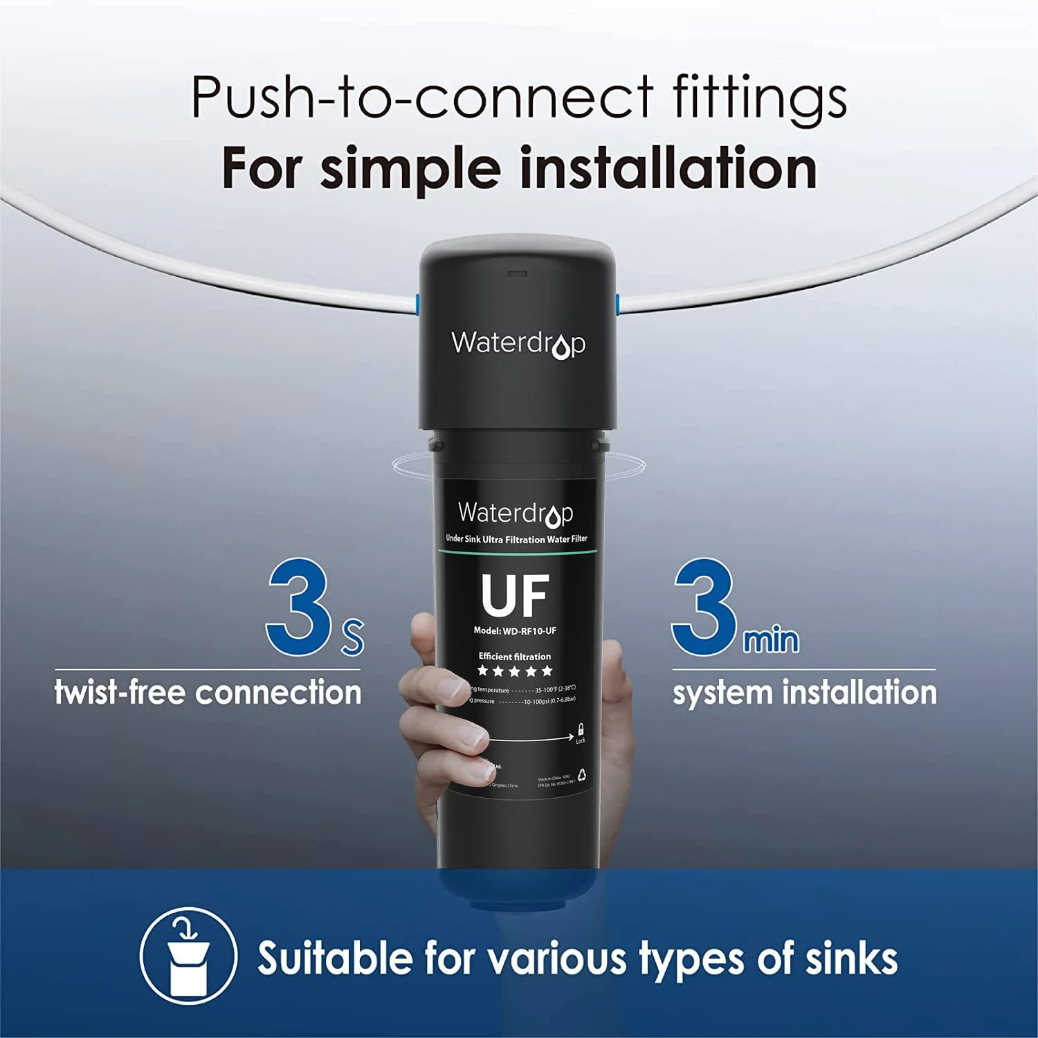 Waterdrop 10UB-UF 0.01 μm Ultra Filtration Under Sink Water Filter System for Baçtёria Reduction, 8K Gallons Chlorine Reduction Capacity, with Dedicated Faucet, USA Tech