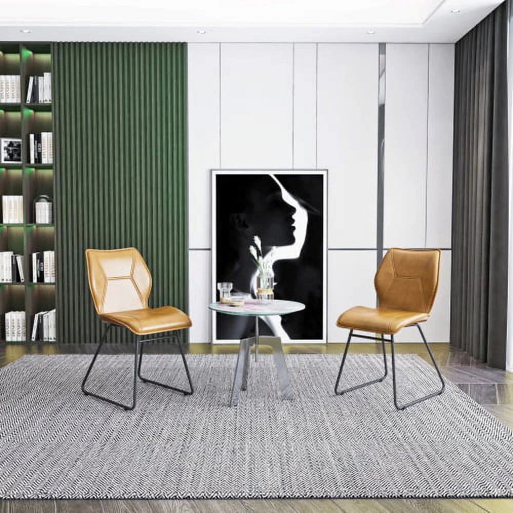 PU Cushion Seat Back, Mid Century Metal Legs for Kitchen Dining Room Side Chair, Set of 2, Brown