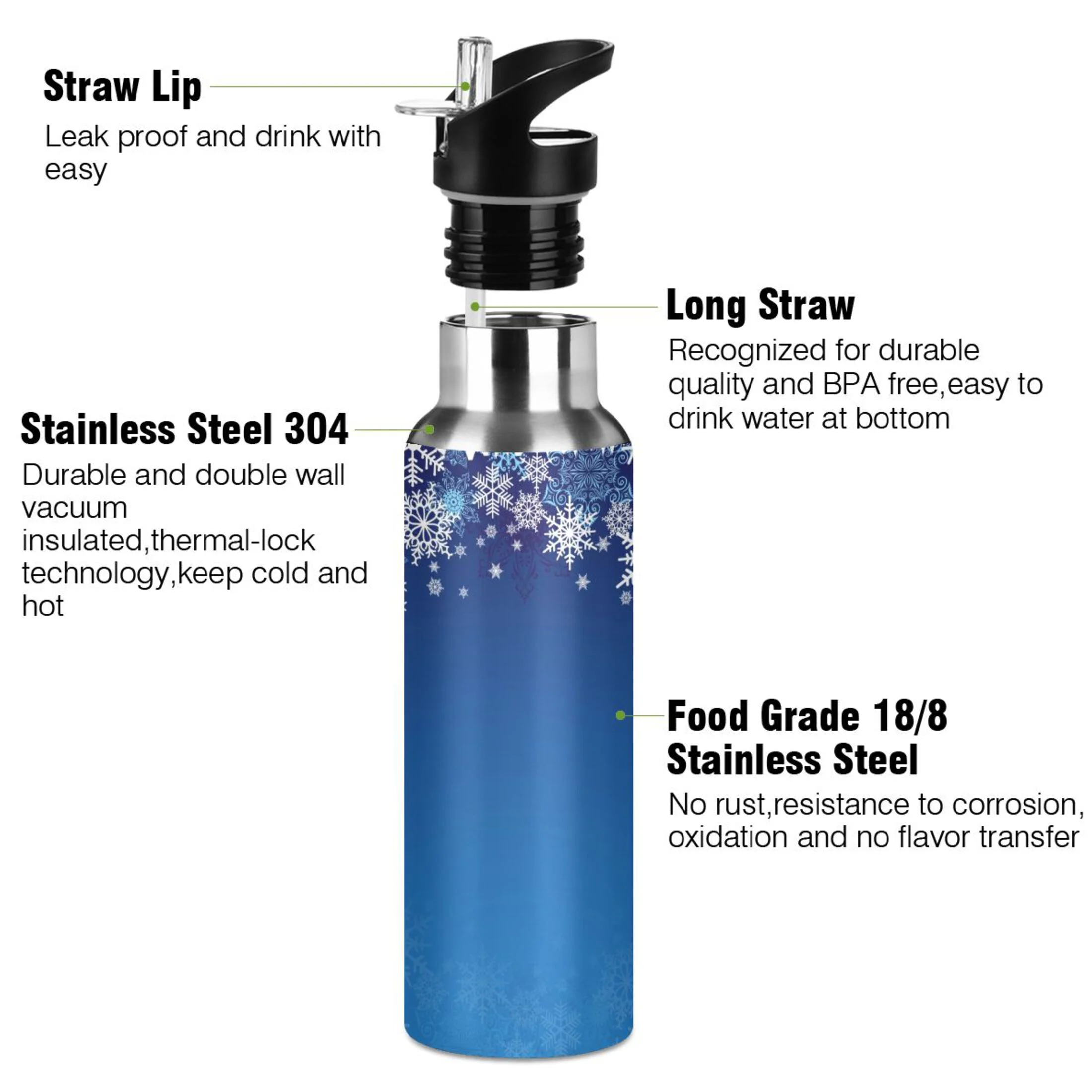 Water Bottle with Straw Lid Leak Snowflake on Blue Christmas Stainless Steel Insulated Thermos Vacuum Flask for Cold Hot Drinking for Sports Camping Gym Yoga