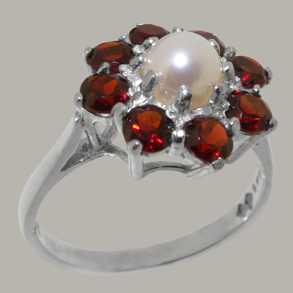 LBG British Made 9k White Gold Cultured Pearl & Garnet Womens Statement Ring - 33 size options - Size 10