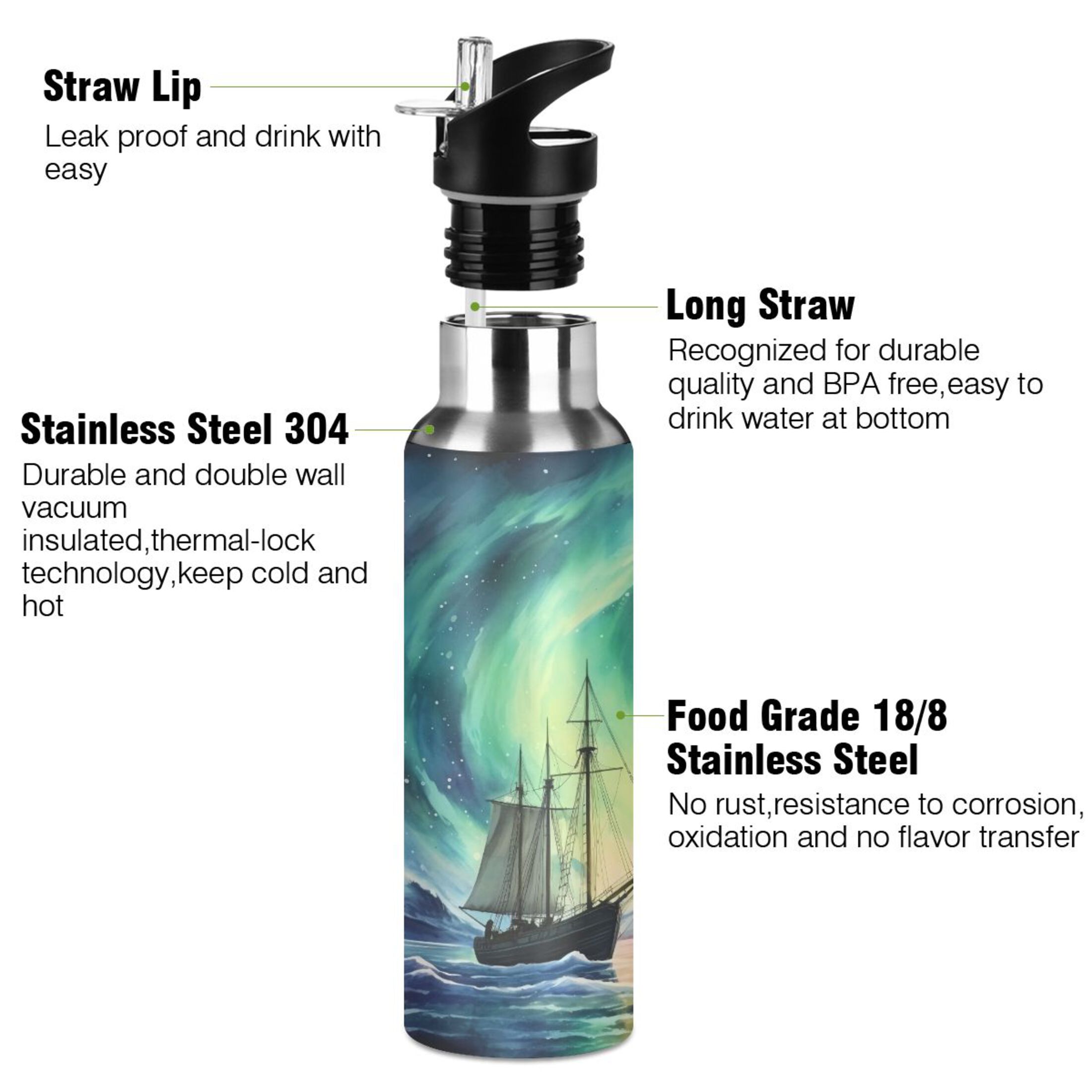 Water Bottle with Straw Lid Leak Sailboat on Sea Stainless Steel Insulated Thermos Vacuum Flask for Cold Hot Drinking for Sports Camping Gym Yoga