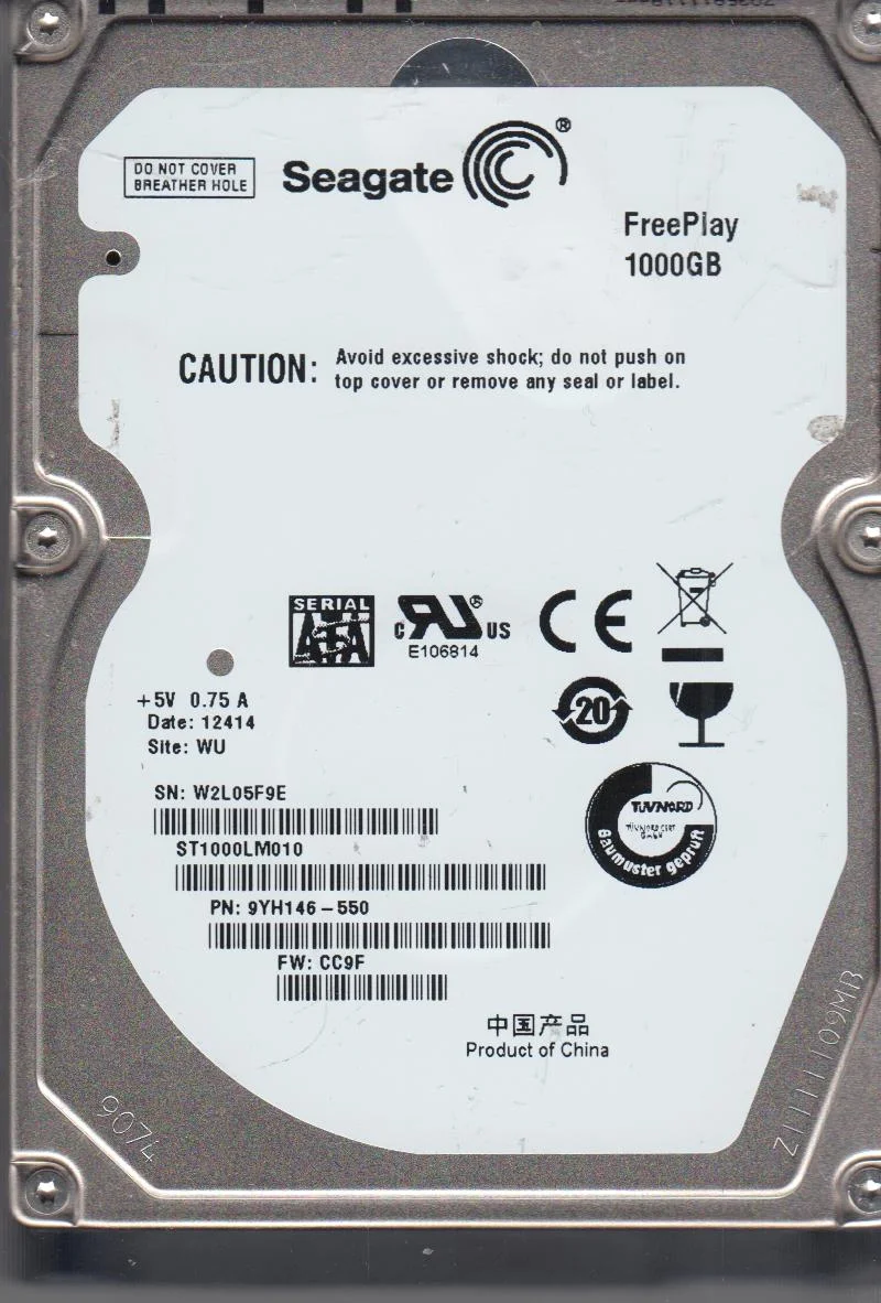 ST1000LM010, W2L, WU, PN 9YH146-550, FW CC9F, Seagate 1TB SATA 2.5 Hard Drive