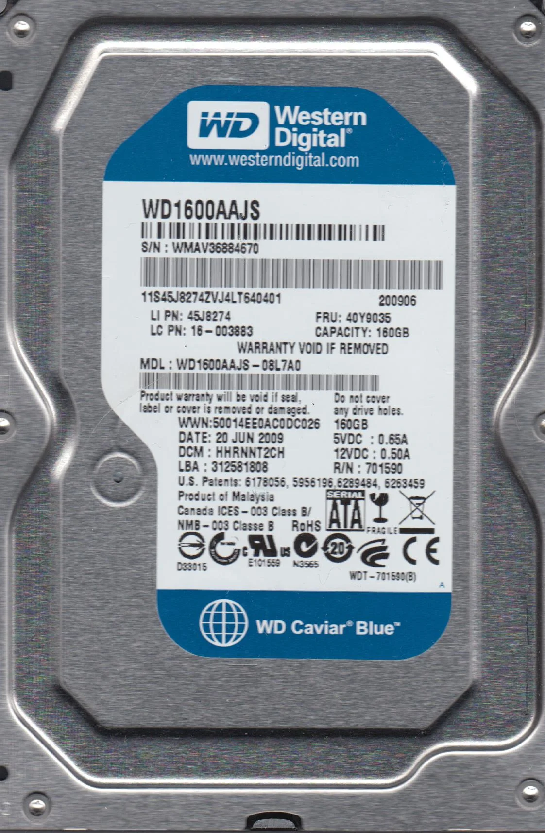 WD1600AAJS-08L7A0, DCM HHRNNT2CH, Western Digital 160GB SATA 3.5 Hard Drive