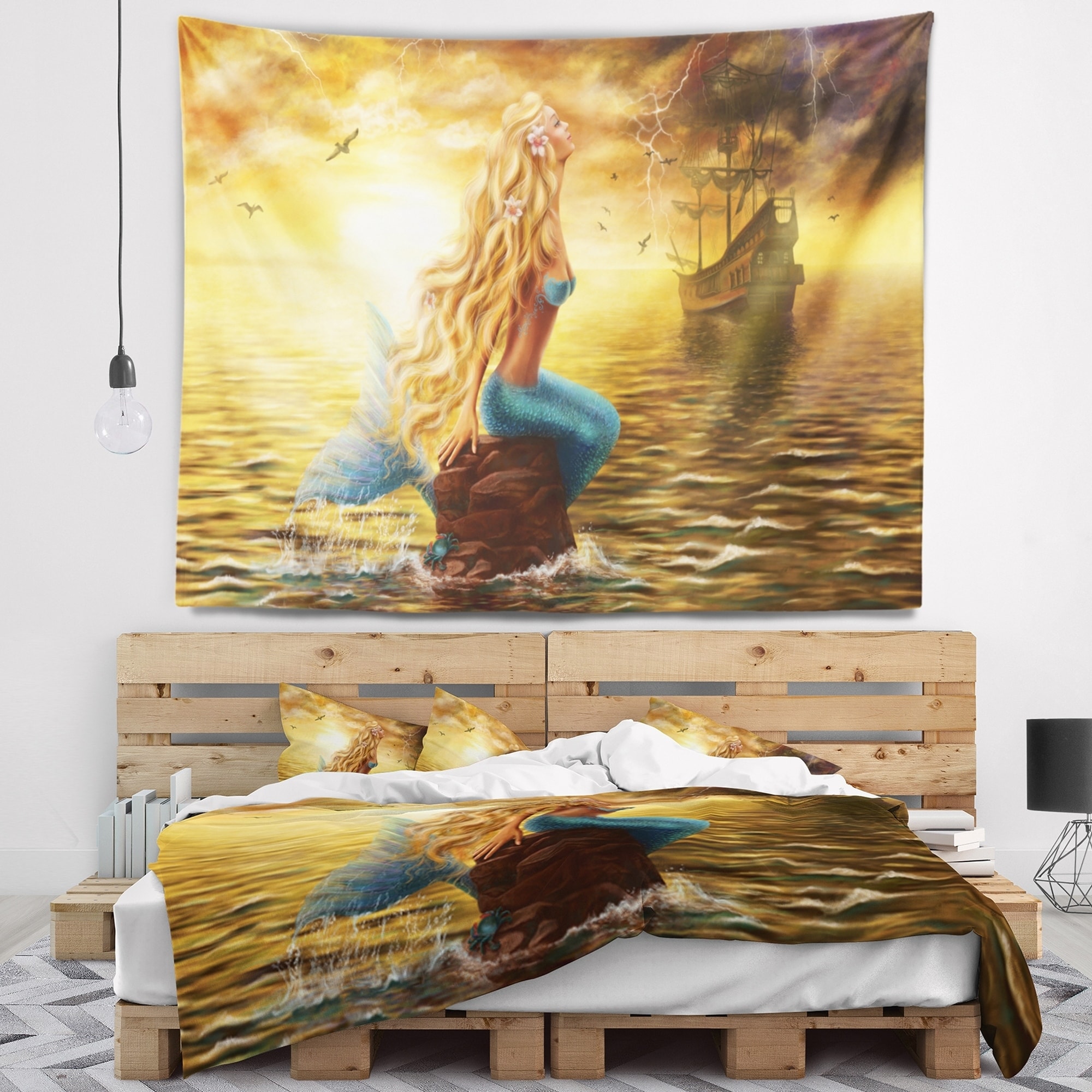 DESIGN ART Designart 'Sea Mermaid with Ghost Ship' Seascape Wall Tapestry