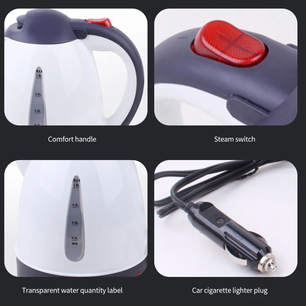 Aibecy 1000mL Car Electric Kettle 24V 250W Portable Lighter Kettle for Trip Travel White