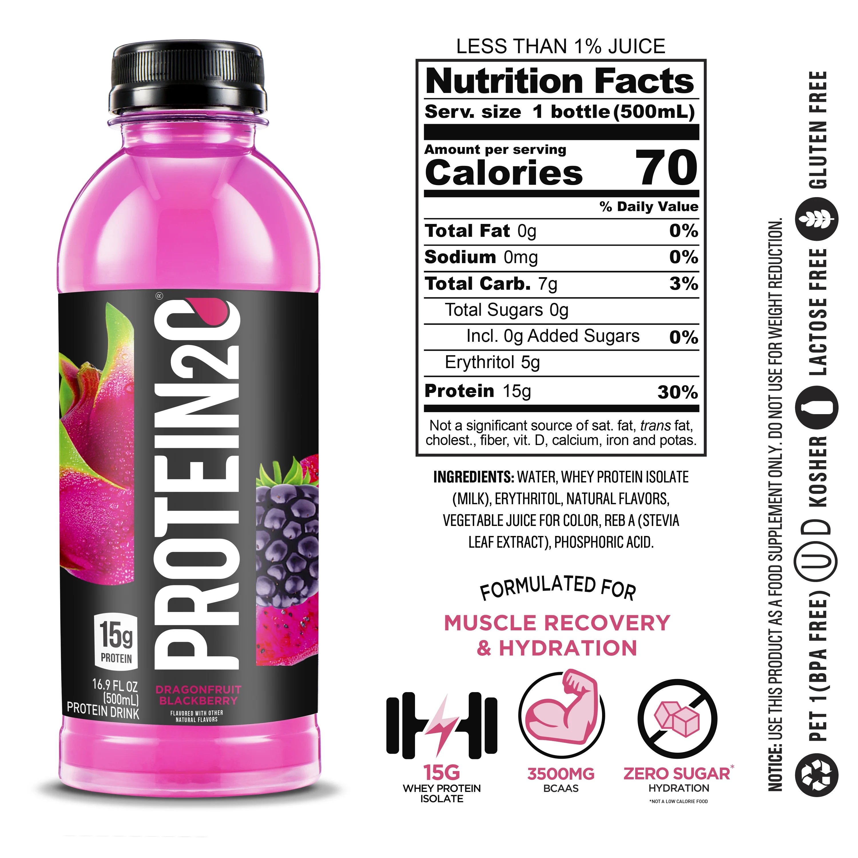 Protein2o 15g Whey Protein Infused Water, Dragon Fruit Blackberry, 16.9 oz Botte (Pack of 12)