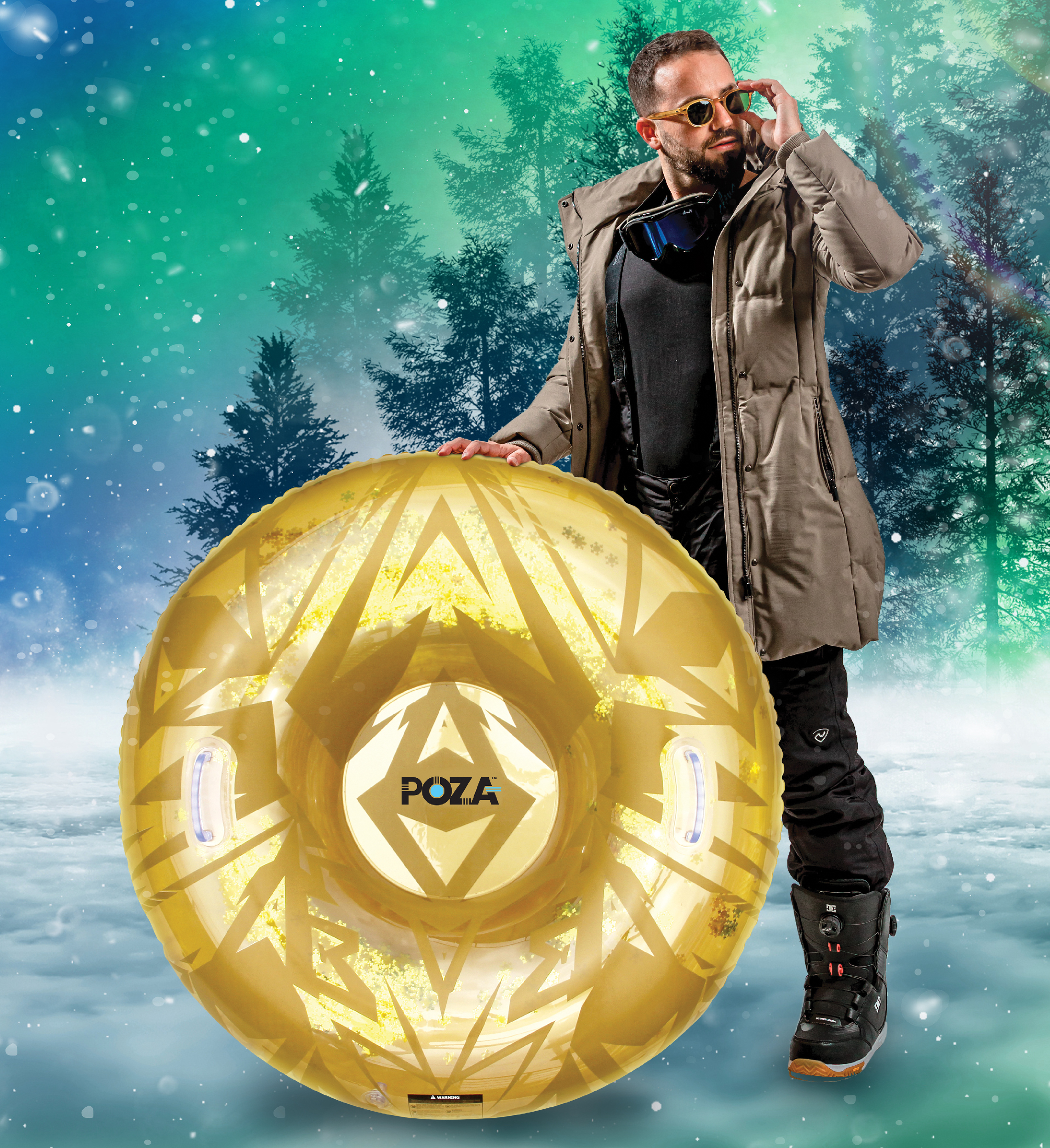 POZA Inflatable Gold Snow Tube Collection – Gold Snow Sled Tube, Snowmobile and Boogie Sled with Handles and Snowflake Confetti, Cold Resistant Heavy Duty PVC Tube Sled for Adults, Kids - 3 Pcs Set