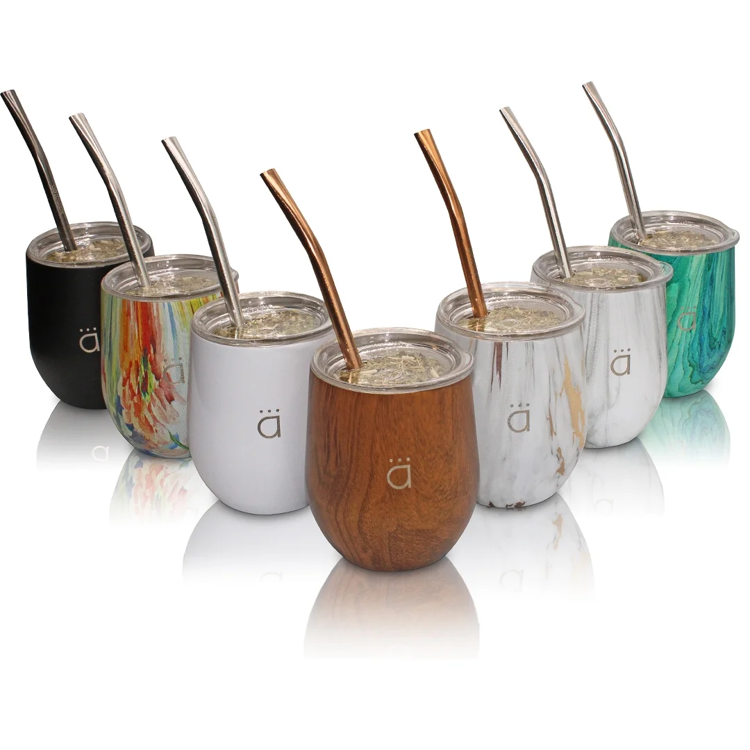 Kalmateh Yerba Mate Gourd- Modern 8 oz Mate Cup with BPA Free Lid- Double Walled 18/8 Stainless Steel - Includes Bombilla and Cleaning Brush (Wood)