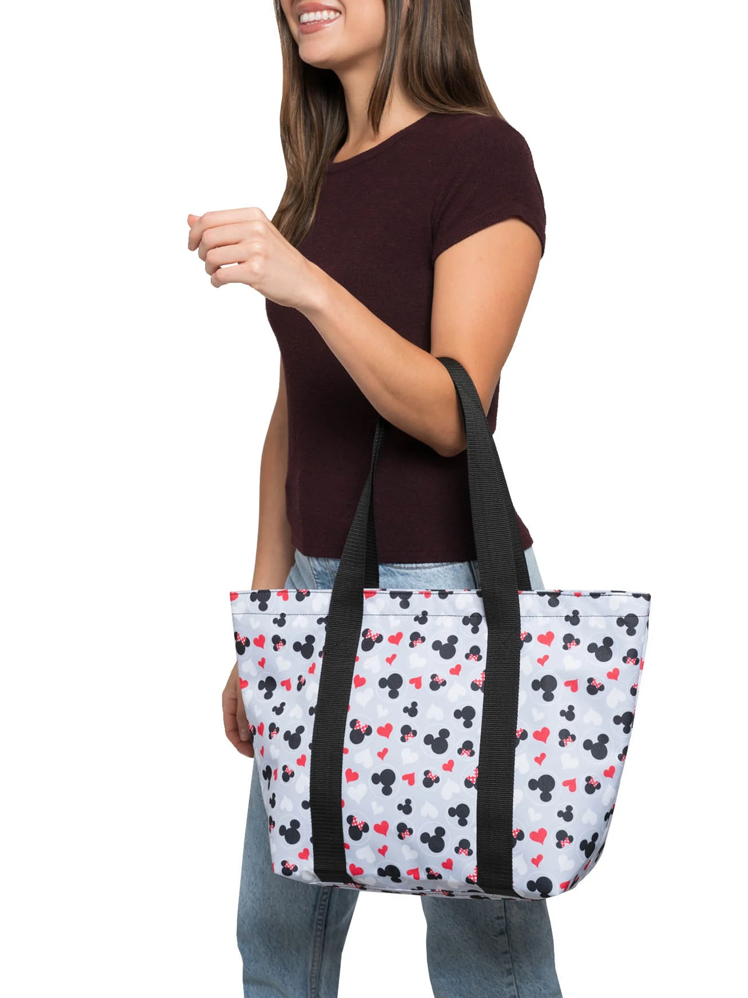 Women's Disney Mickey & Minnie Mouse Heart Icons Zip Tote Bag Gray Red White