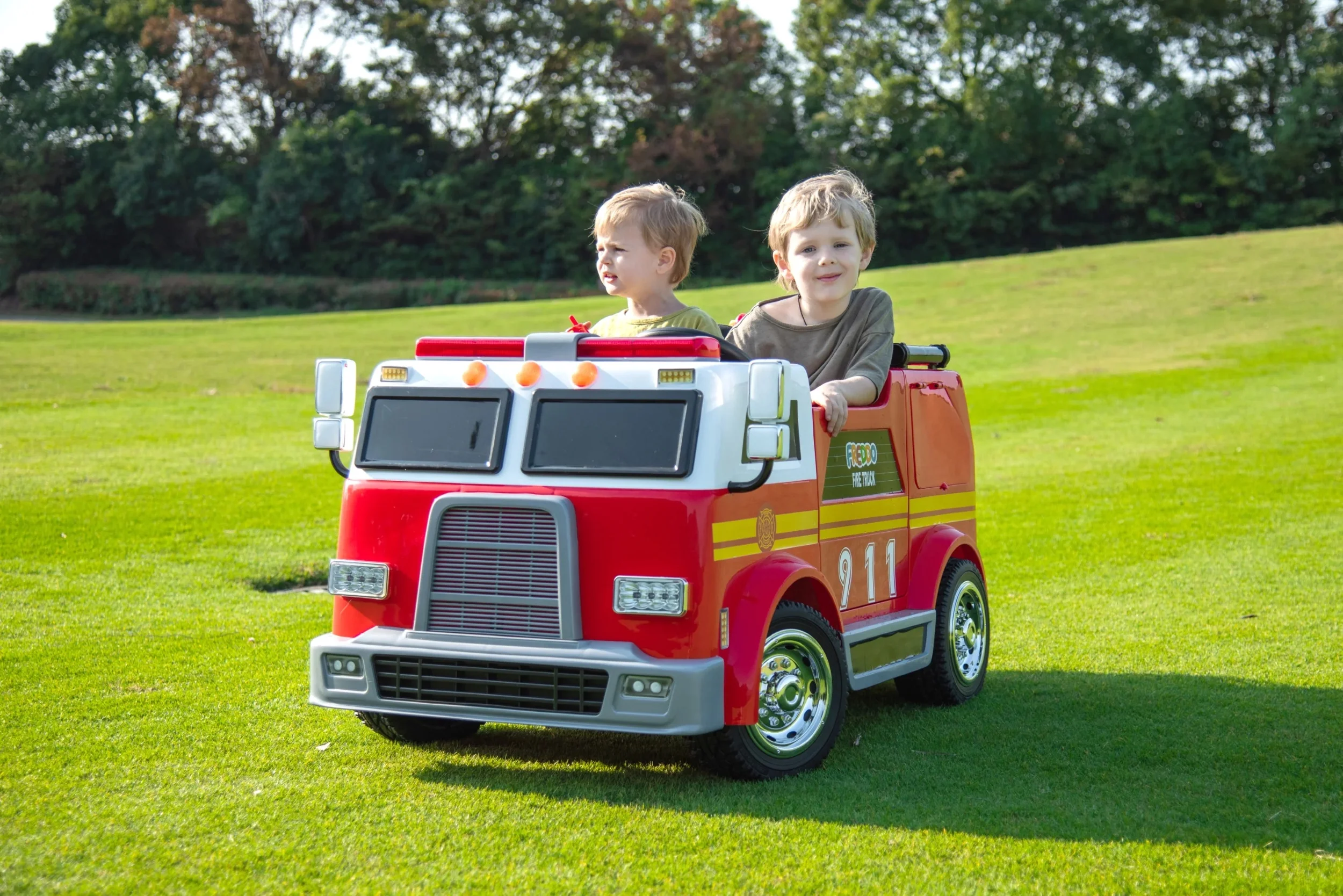 24V Freddo Fire Truck 2-Seater Ride-on | Ignite Your Child's Imagination | Remote Control Parental Guidance | LED Lights, Water Gun, and More!