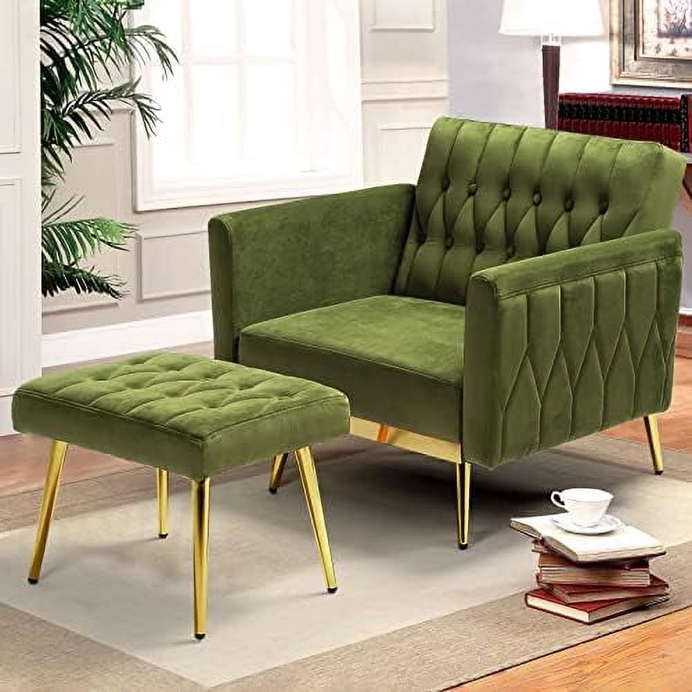 TJUNBOLIFE Velvet Accent Chair w/Adjustable Armrests and Backrest  Button Tufted Lounge Chair  Single Recliner Armchair with Ottoman and Pillow for Living Room  Bedroom Olive Green  25.2D
