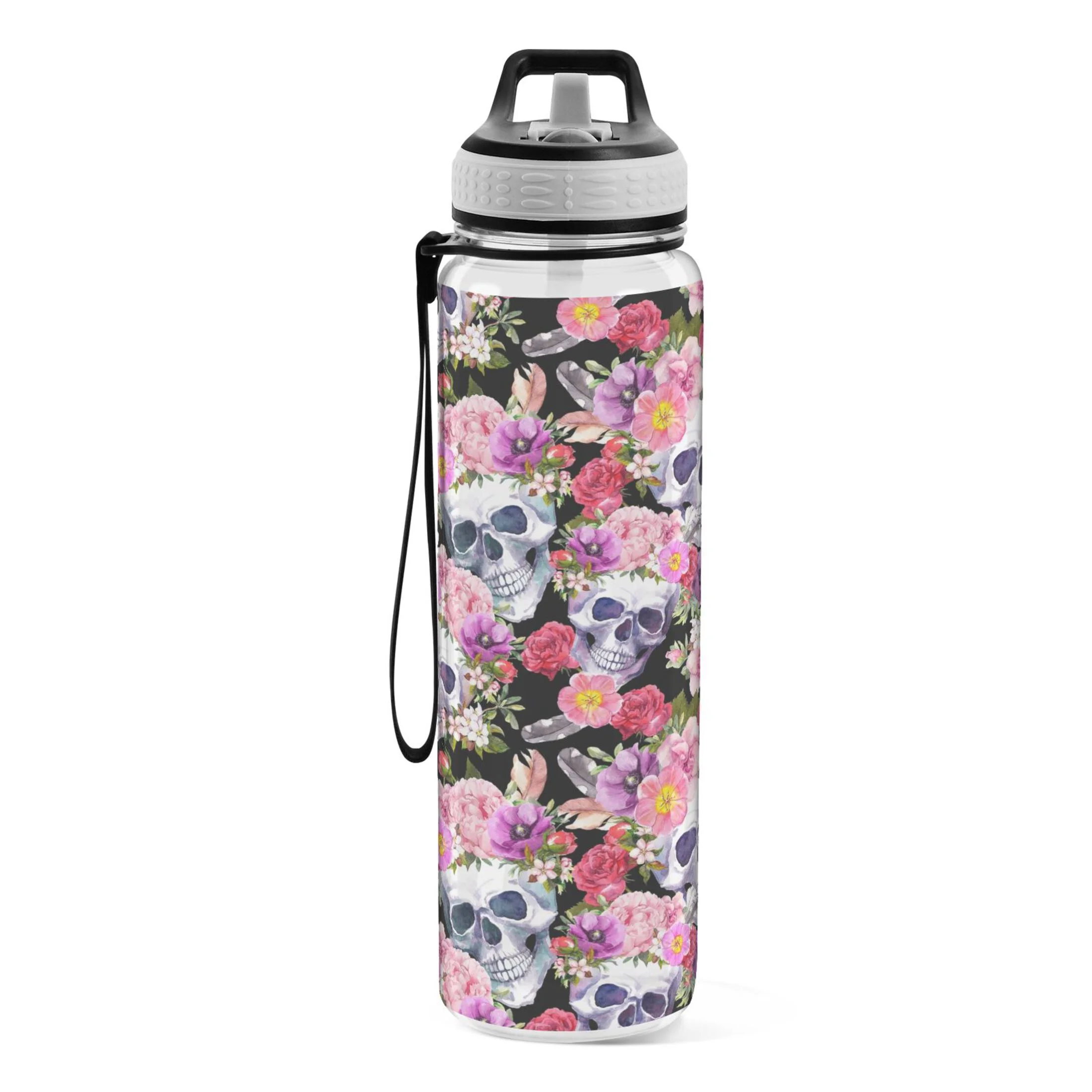 Rose Flowers and Skeleton Skull 32oz Water Bottles with Straw Tritan Leakproof Sports Bottle BPA Free Clear for Fitness Gym Swimming Cycling