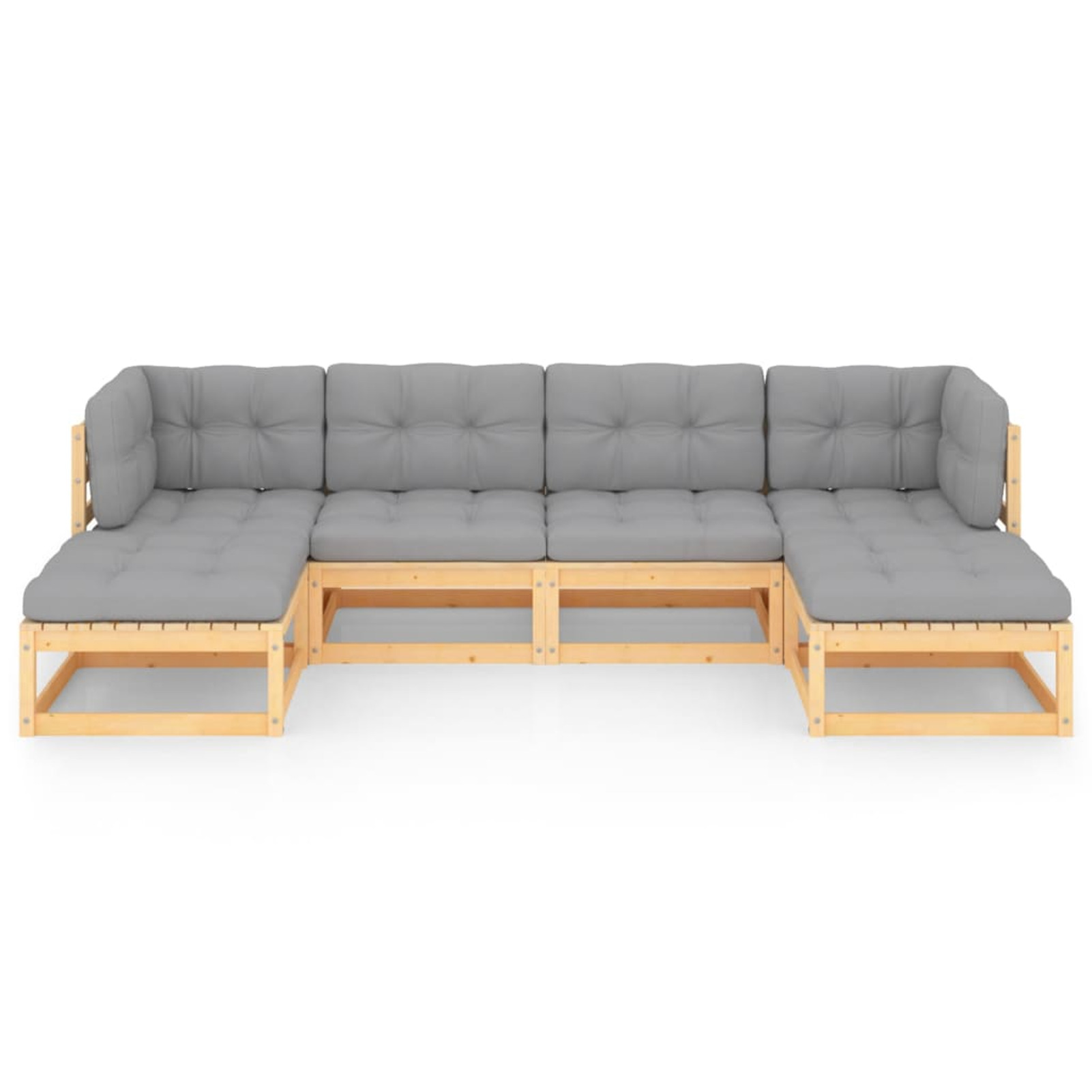 Dcenta 6 Piece Garden Conversation Set Gray Cushioned 2 Corner Sofa and 2 Middle Sofas with 2 Footstool Pinewood Sectional Outdoor Furniture Set for Patio, Backyard, Patio, Balcony