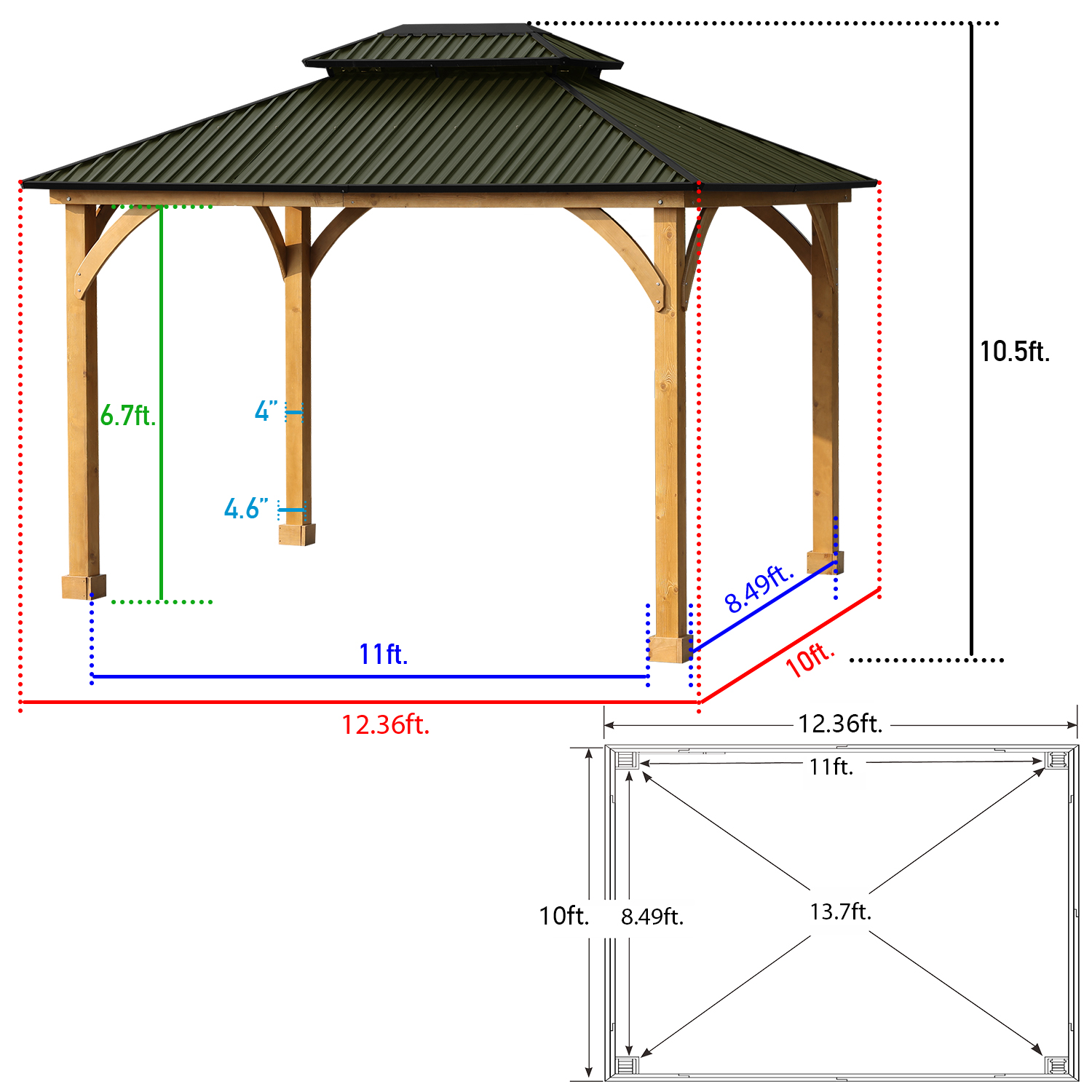 Aoodor Patio Solid Wooden Gazebo 10 x 12 ft. Hardtop Roof 2 - Tier for Garden - Green