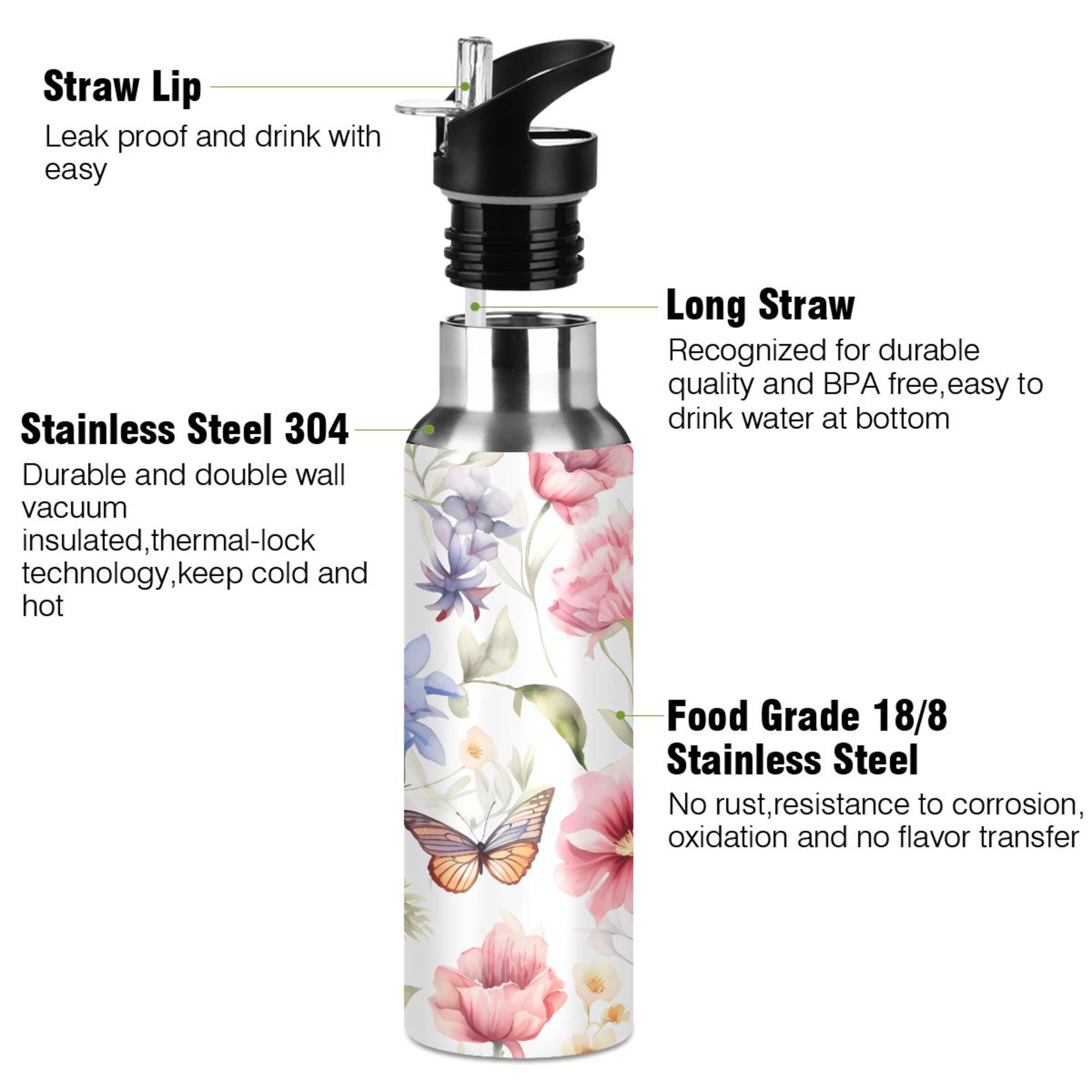 Water Bottle with Straw Lid Leak Butterflies with Flower Stainless Steel Insulated Thermos Vacuum Flask for Cold Hot Drinking for Sports Camping Gym Yoga