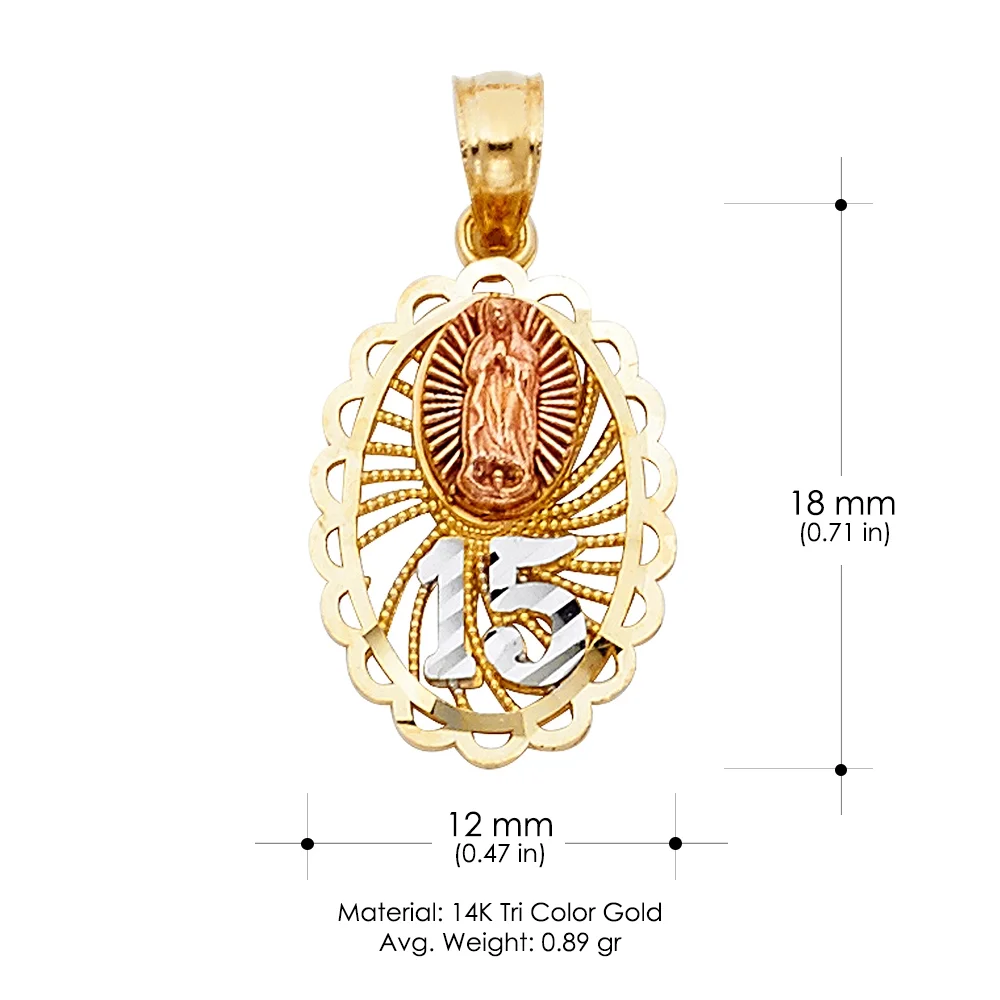 Ioka-14K Tri Color Gold Sweet 15 Years Quinceanera Virgin Mary Round Charm Pendant For Necklace or Chain