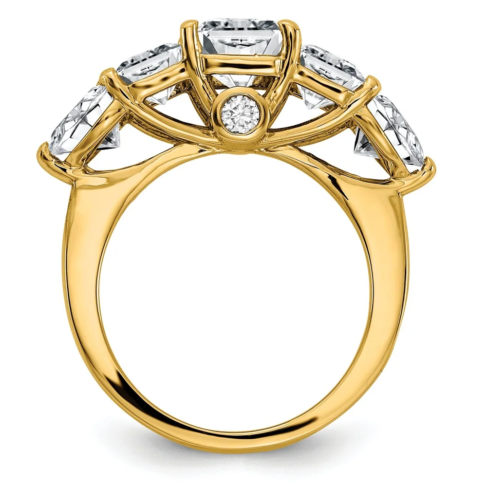 14K Yellow Gold Ring Band Moissanite Octagon Emerald White Trillion Round, Size 8