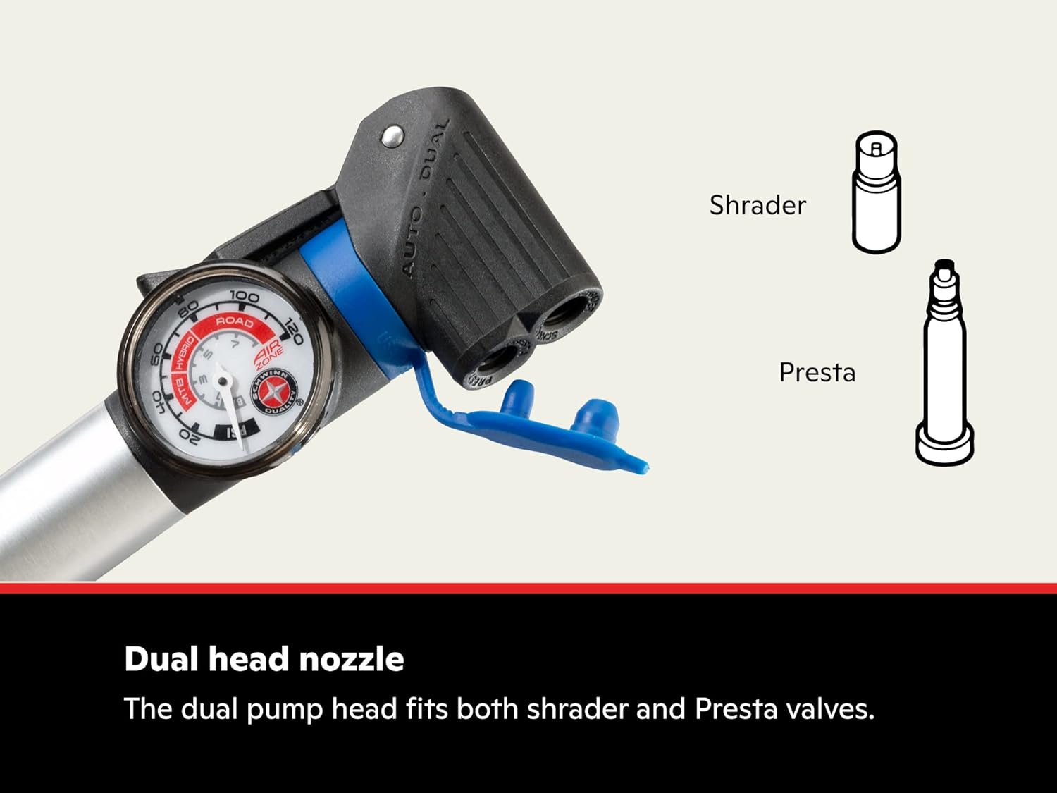 Schwinn Air Sport Mini Bike Pump, Foot to Floor or Frame-Mounted Pumps, with Gauge Fits Schrader and Presta Valve Types