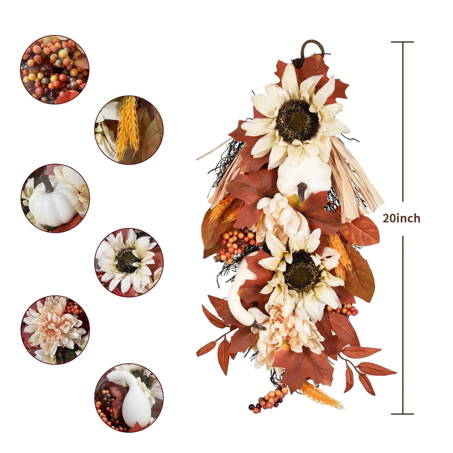 Coolmade 20 Inch Artificial Hanging Plants Orange Maple Faux Fall Leaves Hanging Vine with Pumpkin Pine Cone Silk Flowers Fall Decor for Home Wall Front Door Decor