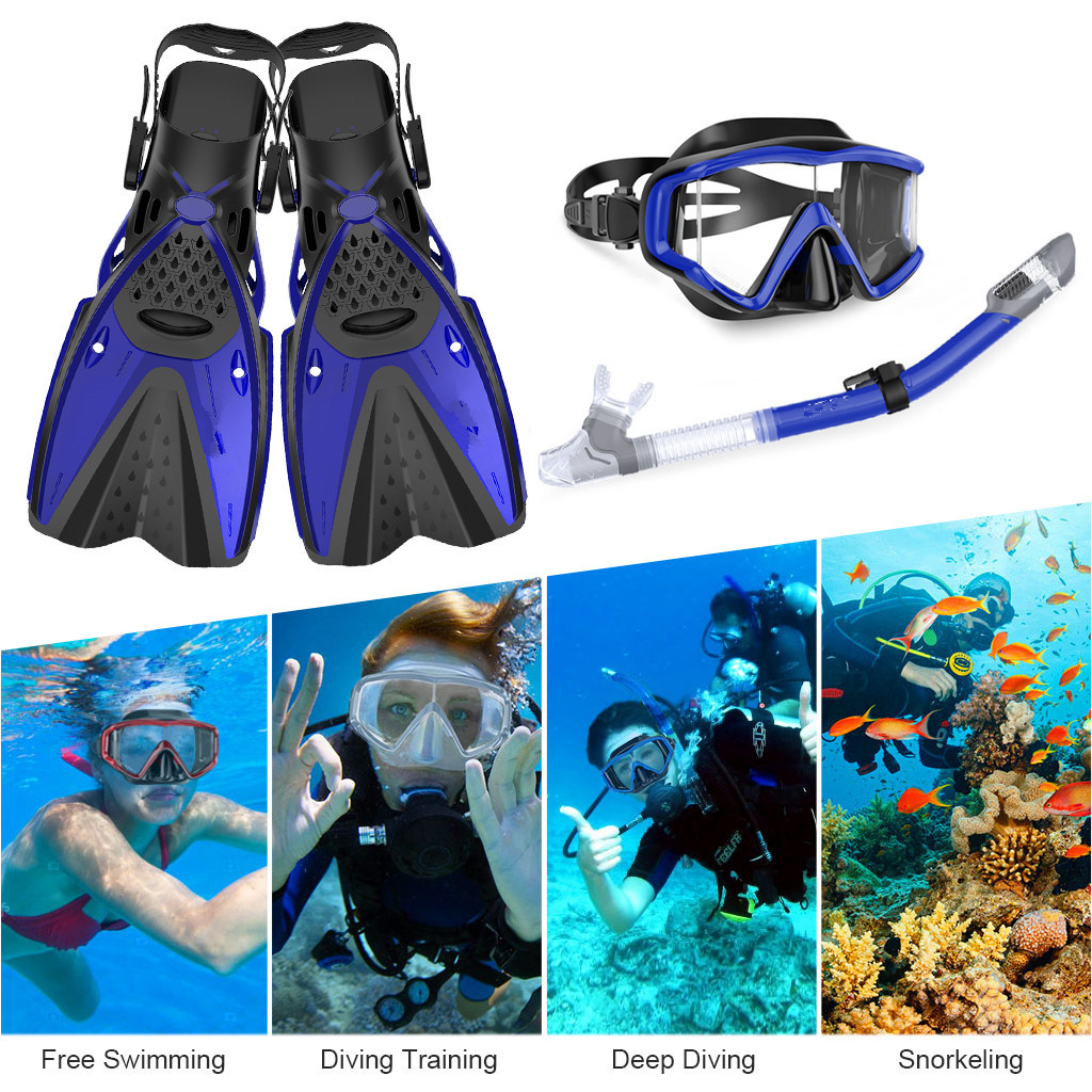 Mask Fin Snorkel Set with Adult and Kids Snorkeling Gear, Panoramic View Diving Mask,Trek Fin,Dry Top Snorkel, Professional Snorkel for Lap Swimming