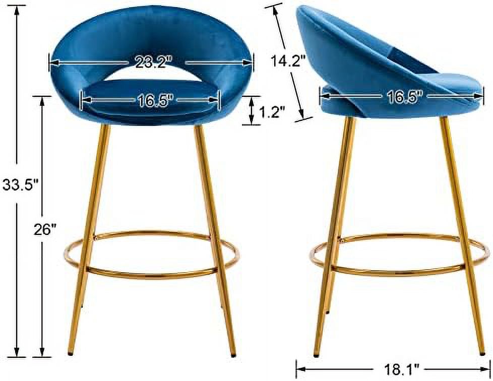 NLIBOOMLife Lovely 30" Velvet  Stools  with Gold Metal Legs  Mid Century Modern  Stools Low Back for Kitchen Island Home Pub-Silver
