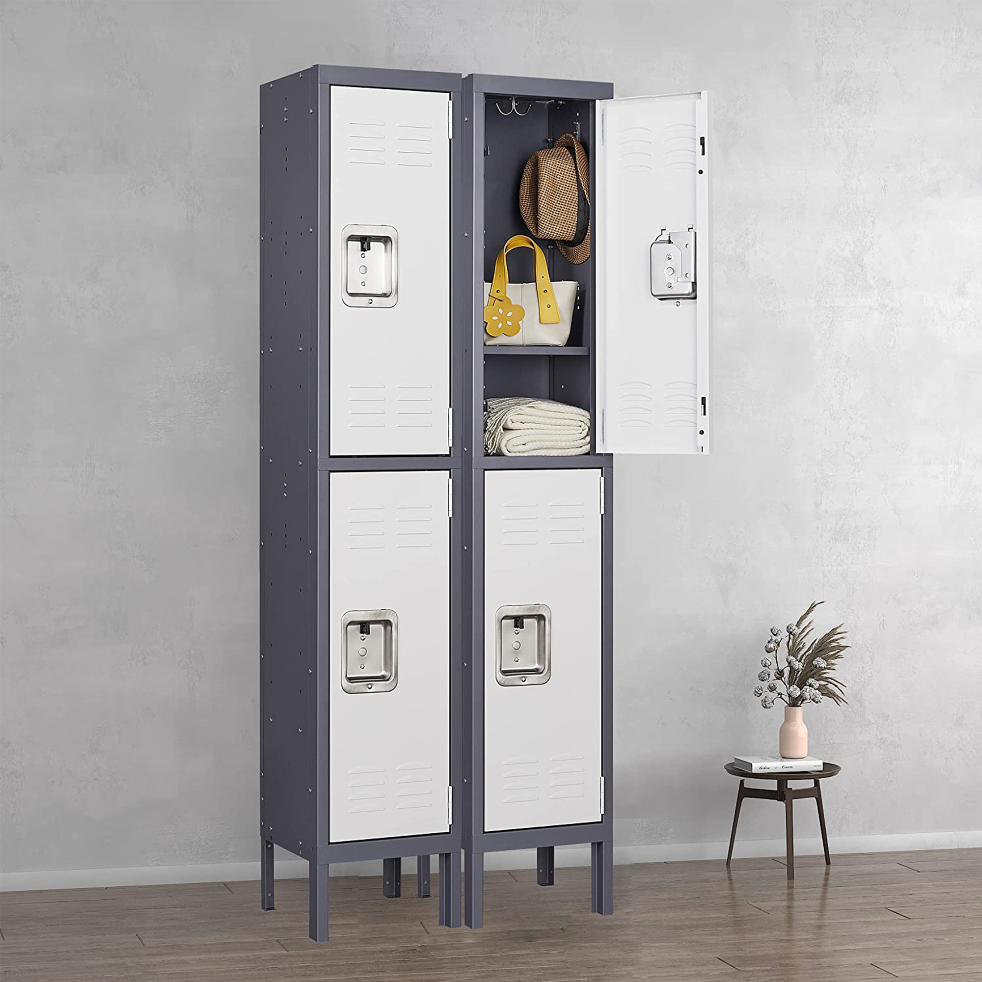 STANI 2-Tier Metal Locker Steel Employees Lockers for Office, Metal Storage Locker Cabinet with Louvers, 2 Door Locker for Employee Gym, Home, School