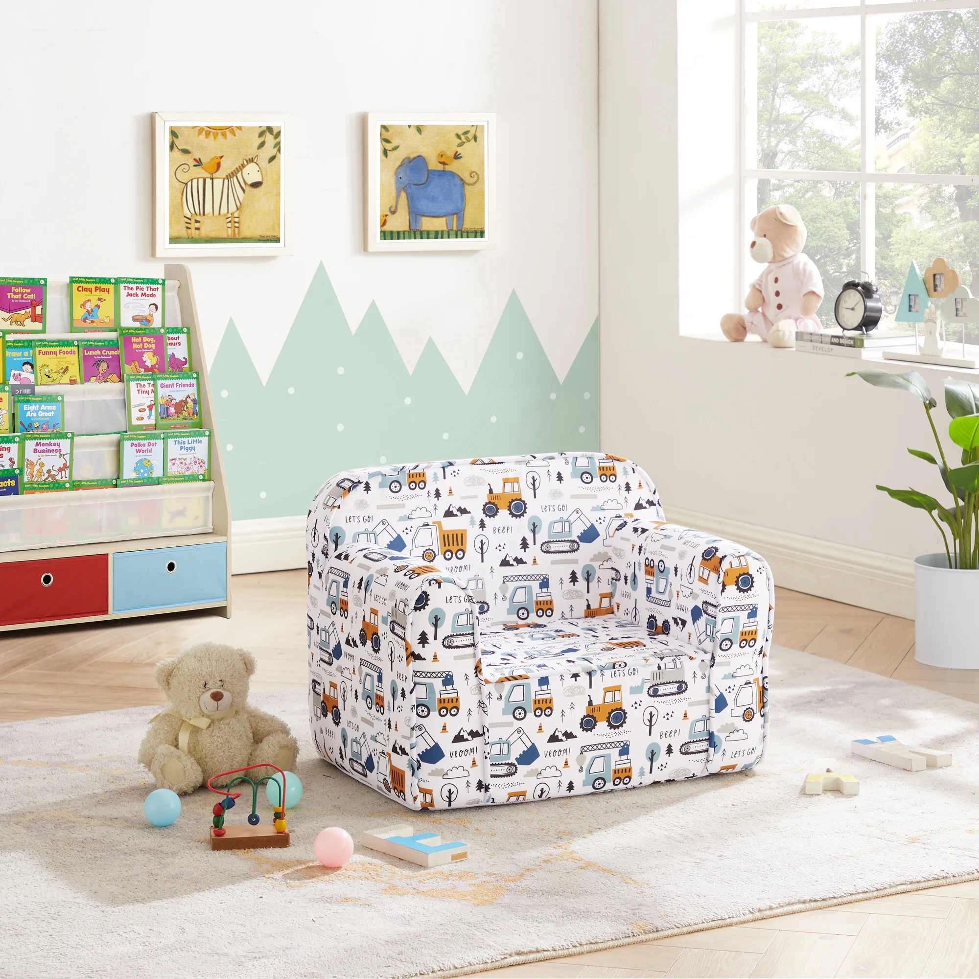 Ulax Furniture Kids Foam Sofa Chair with Removable Slipcover for Bedroom or Playroom, White Truck