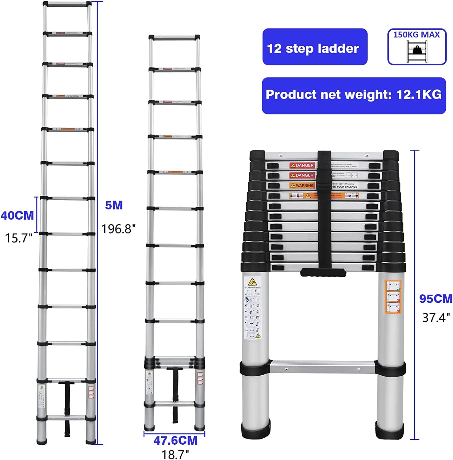 Telescoping Ladder 16FT Aluminum Telescoping Extension Ladder, Collapsible Ladder Attic Ladder Rv Ladder, Portable Telescopic Ladder for Outdoor Working & Household Use, Folding Ladder 330lb Capacity