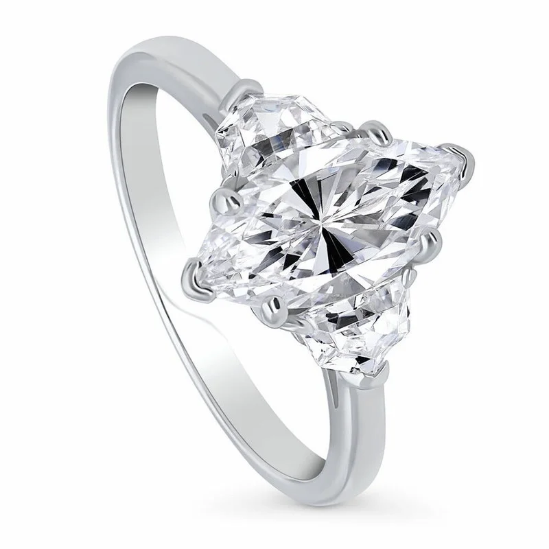 SOLITAIRE JEWELS 2.00TCW - 3-Stone Marquise Cut With Side Trapezoid Moissanite Diamond Engagement Ring in 14K White Gold