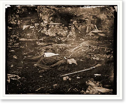 Historic Framed Print, Gettysburg Pennsylvania. Dead Confederate sharpshooter in The devils den., 17-7/8